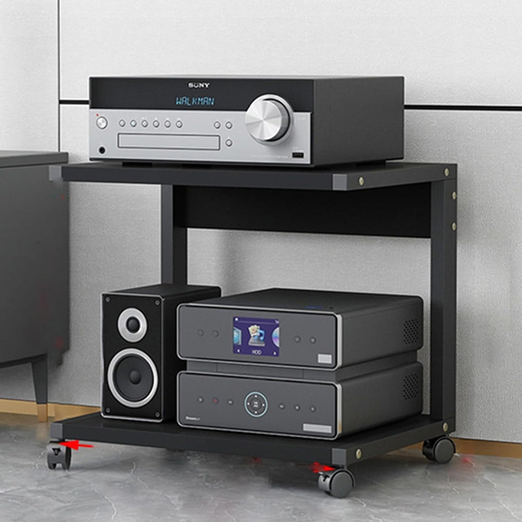 Modern 2-Tier AV Media Stand with Wheels - Height Adjustable Wooden Shelves, Corner Shelf Media Console Cabinet, Stereo Rack & Storage in Deep Black (50x40cm)