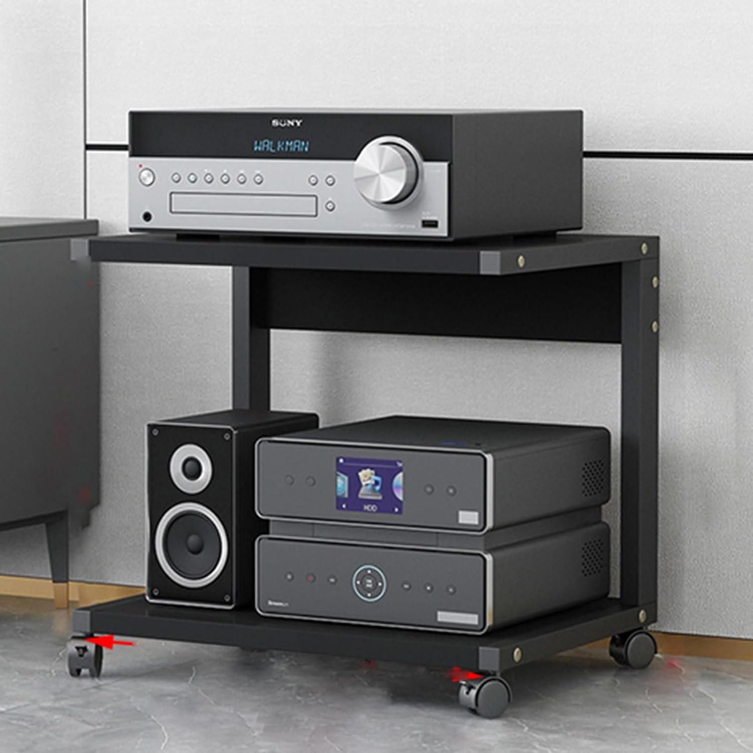 Modern 2-Tier AV Media Stand with Wheels - Height Adjustable Wooden Shelves, Corner Shelf Media Console Cabinet, Stereo Rack & Storage in Deep Black (50x40cm)