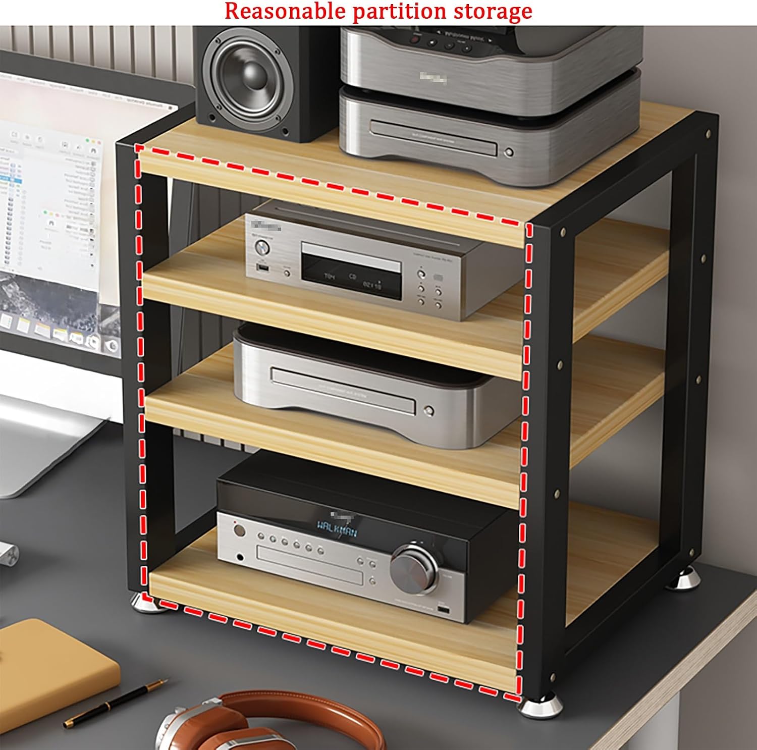 3-Tier Media Stand, Modern Stereo Cabinet, Heavy-Duty Audio Rack, Thickened Steel Pipe, Strong Load Capacity, Compact Media Storage, 45x35x35.5cm, Black Finish