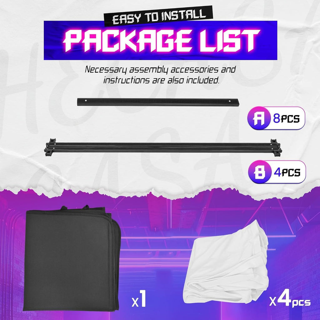 HECASA DJ Facade Booth Portable Event Cover Screen, Black Steel Frame, 4 White Foldable Detachable Panels Light Projector Display Scrim Panel White w/Carry Bag