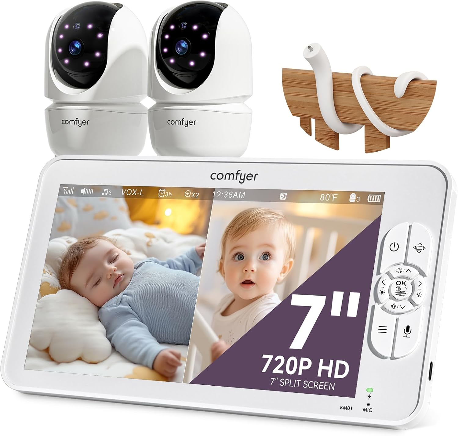 Comfyer BM01 7' HD Split-Screen Baby Monitor with 2 1080P Cameras, 48 Hrs 6000mAh Battery Runs 2 Days in VOX Mode, No WiFi Monitor with a Flexible Bracket, 2 Way Audio, Remote PTZ, Auto Night Vision