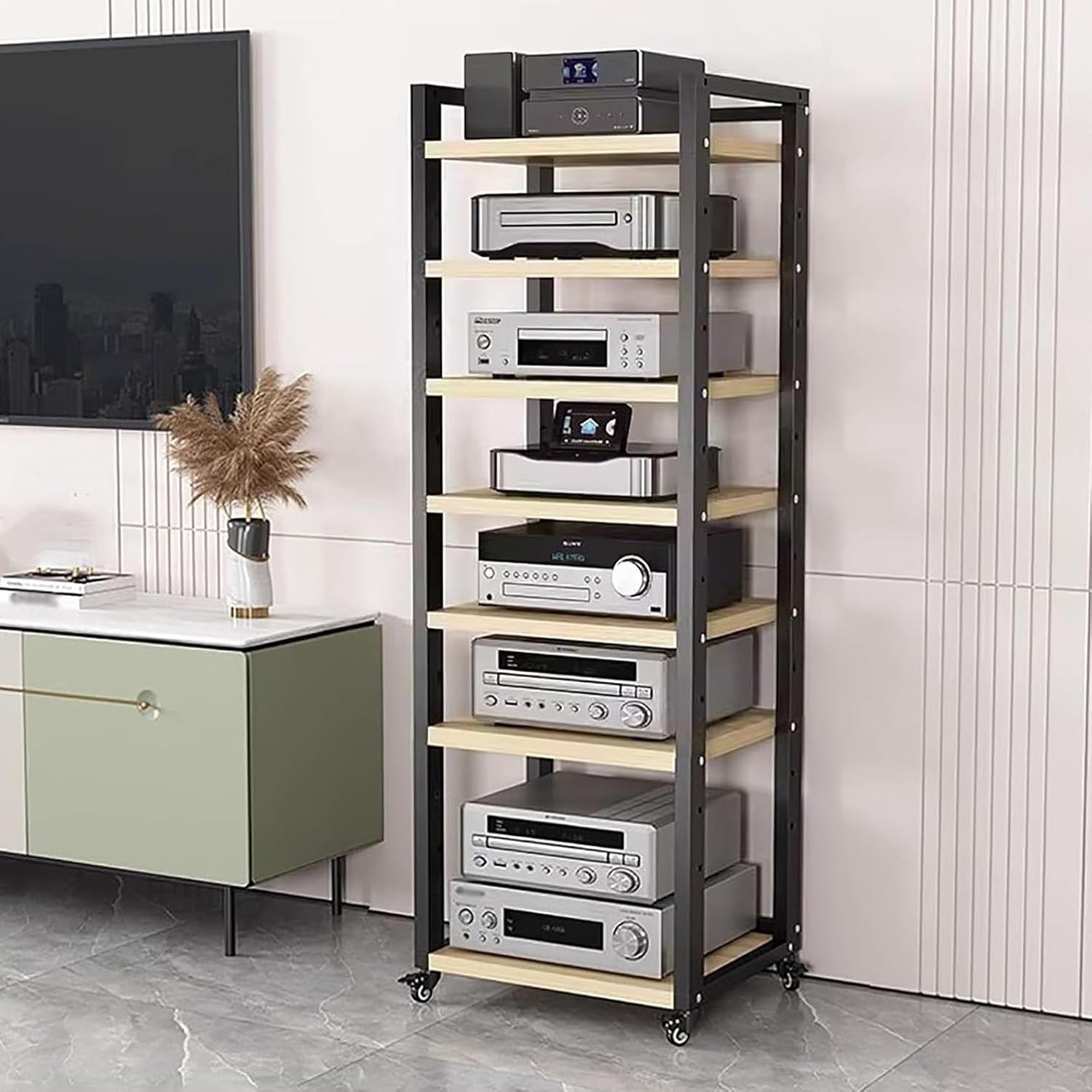 Stereo Rack System Cabinet - Height Adjustable with Rolling Wheels for Audio Equipment Storage in Home or Office