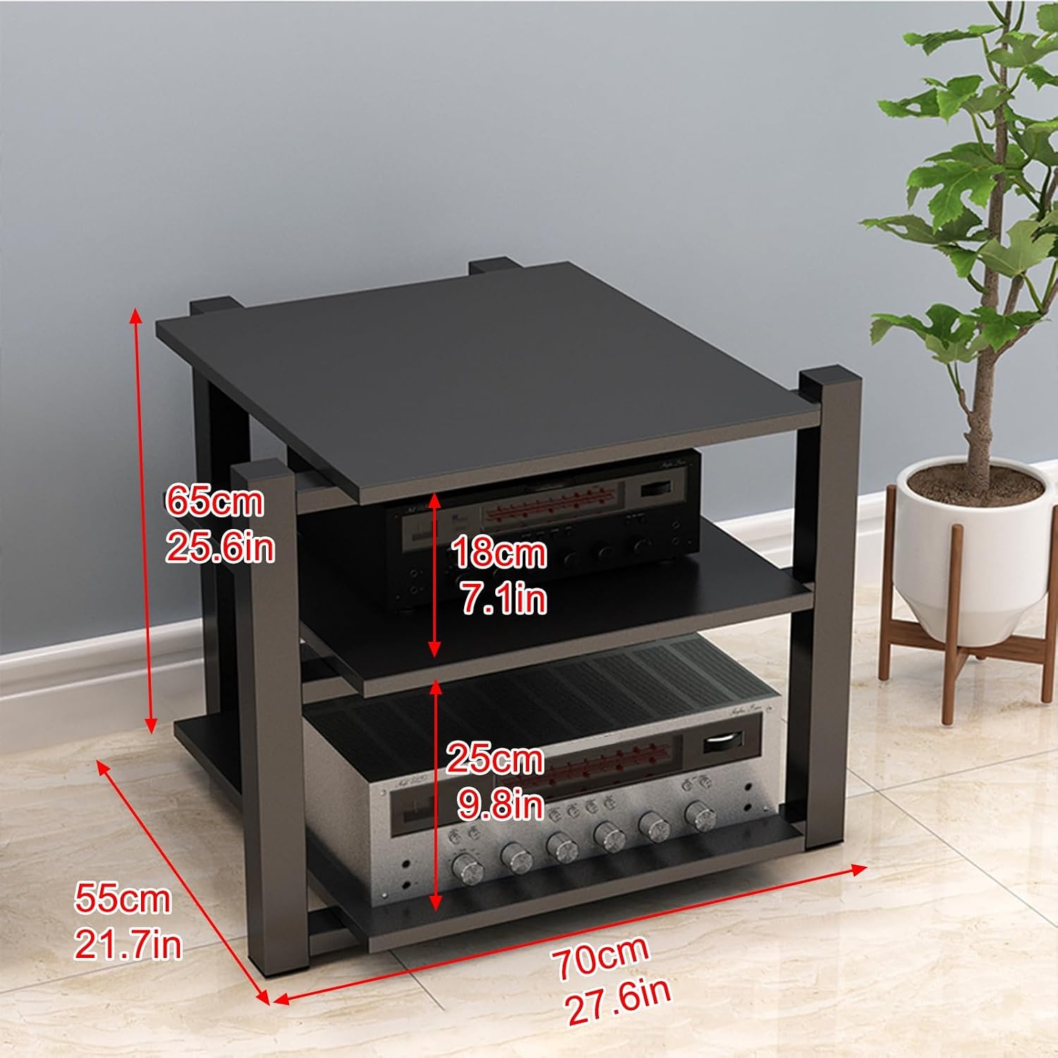 Stylish AV Cabinet Audio Rack, Media Tower Stand for Record Player & Stereo Components, Home Theater Furniture, 65cm (25.6in) Red Audio Storage Solution