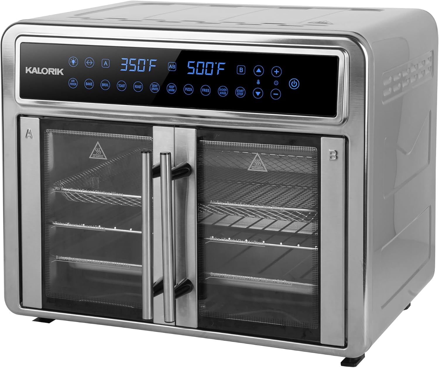 Kalorik Air Fryer Oven MAXX Series 26-Quart Flex Trio with Digital Controls Easy-View Door and 14 Cooking Presets, Converts into Dual 13 Quart Air Fryers, 1700-Watts, Stainless Steel