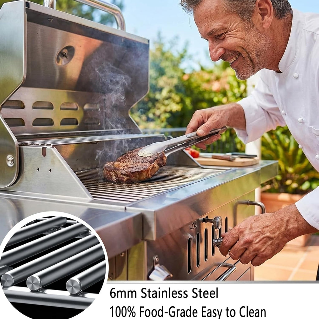 Large Charcoal BBQ Grills, Built in Barbecue Grill with Liftable Tray, Insulated Hood & Temp Gauge, Silver Stainless Steel BBQ Barrel Grill for Outdoor Kitchen Cooking Family Parties Patio Park Style