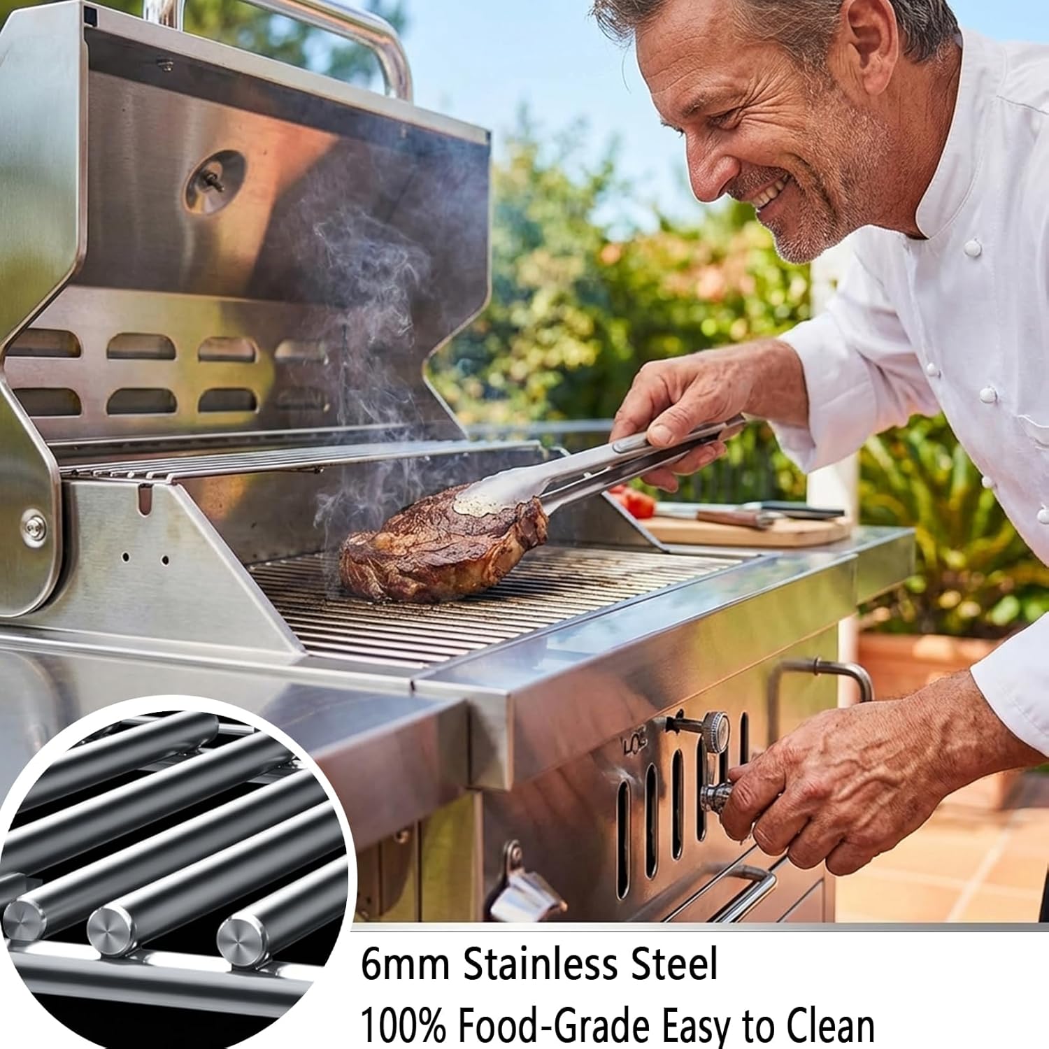 Large Charcoal BBQ Grills, Built in Barbecue Grill with Liftable Tray, Insulated Hood & Temp Gauge, Silver Stainless Steel BBQ Barrel Grill for Outdoor Kitchen Cooking Family Parties Patio Park Style