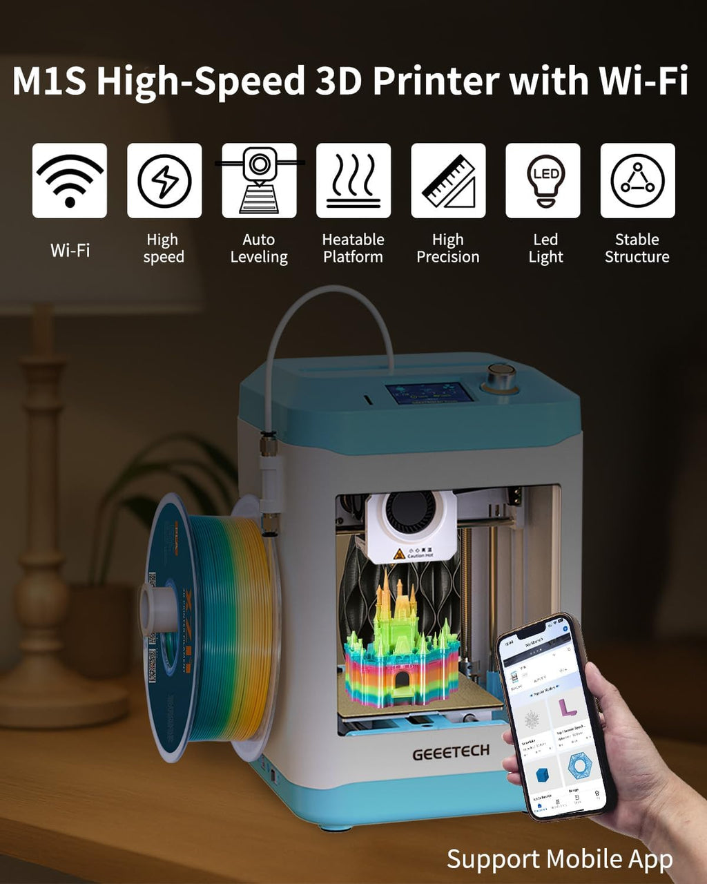 Fully Assembled Mini 3D Printer for Kids & Beginners with WiFi- Complete Starter Kit with Auto Leveling 3D Printer, 1 Roll of Filament, and SD Card, High-Speed, Fully Open Source, for Home & School