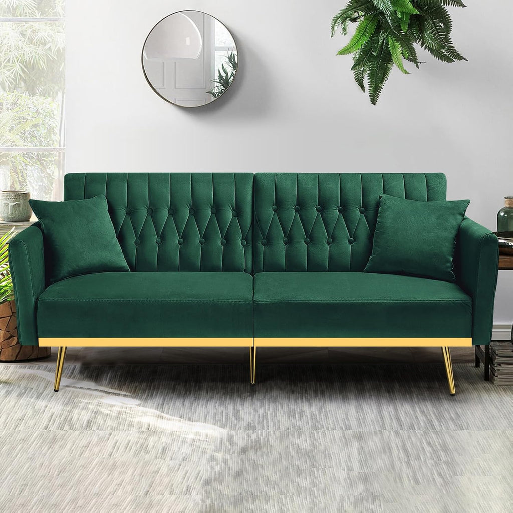 70' Velvet Futon Sofa Bed w/Adjustable Backrests and Armrests, Convertible Futon Couch with 2 Pillows, Modern Tufted Sleeper Bed for Living Room, Bedroom,Green