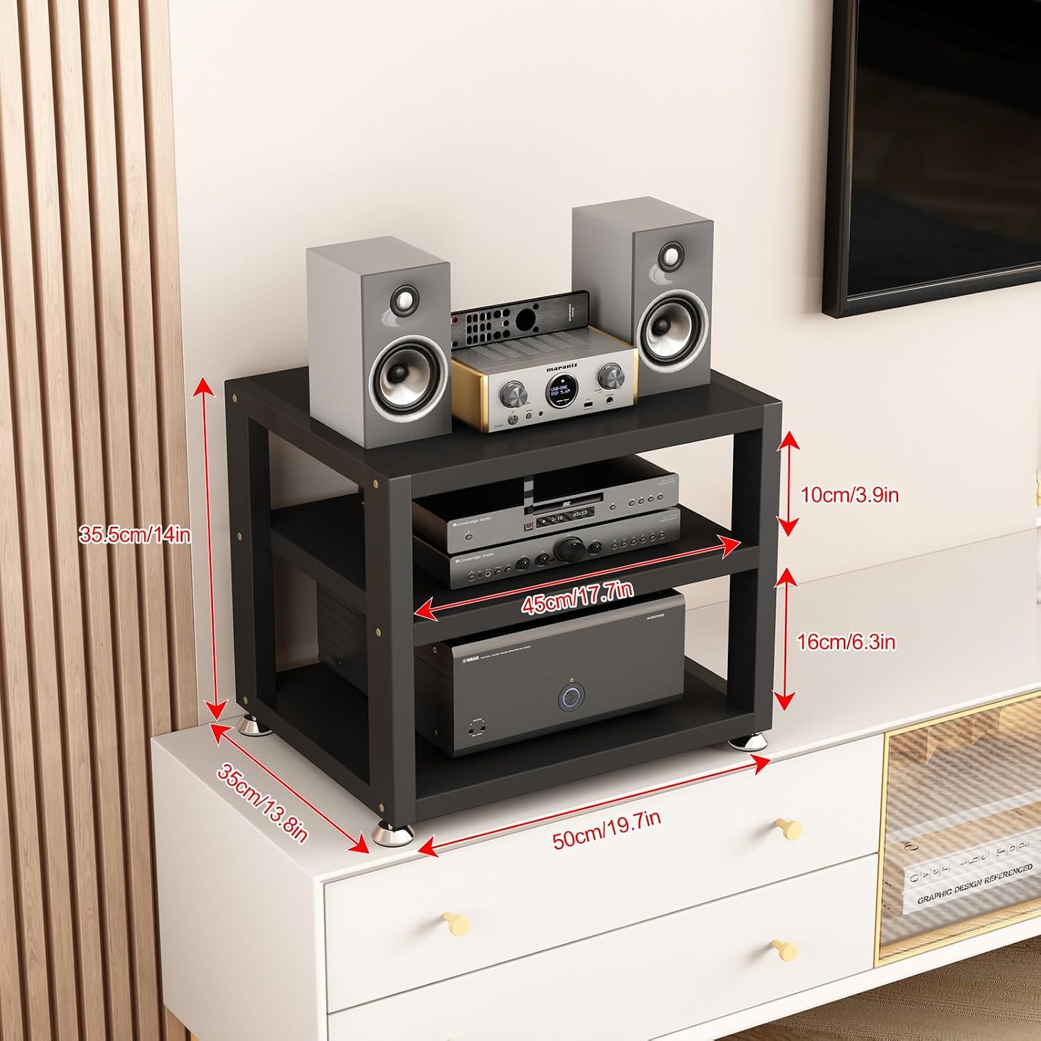 Audio Rack AV Media Stand Wooden Record Player Stand Equipment Console Shelf, for Entertainment Stereo Racks Component Storage and Collection Display(Black,35.5cm/14in)