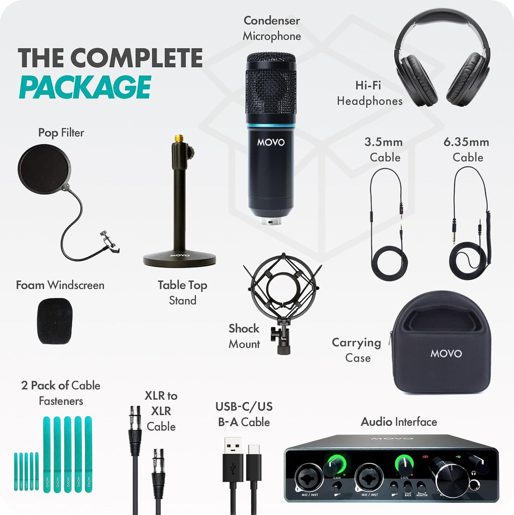 Movo PodPakT Universal Cardioid Condenser Microphone Kit with MDX-1 2x2 Audio Interface with Tabletop Mic Stand and Studio Headphones - Podcast Equipment Set for YouTube, Podcast, Streaming