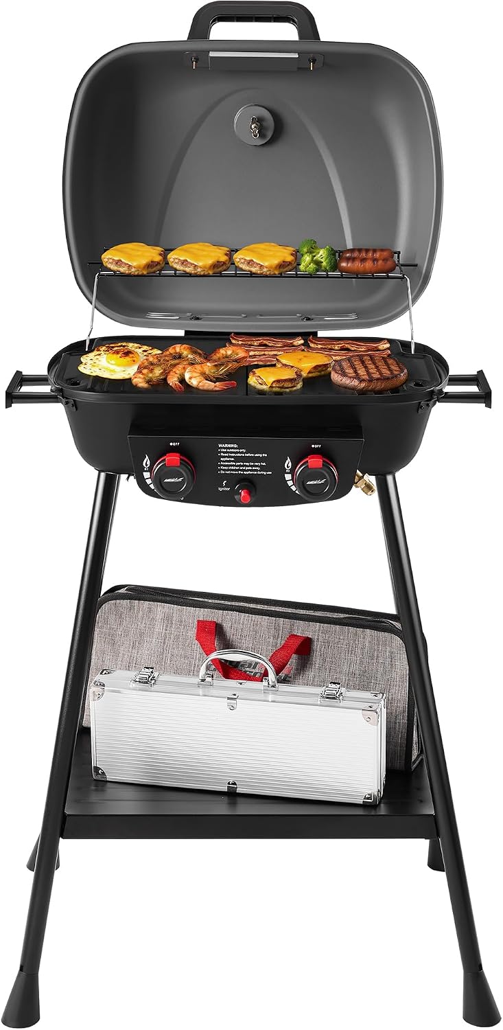 Royal Gourmet GT2003 Portable 2 Burner Propane Gas Grill with Stand and Warming Rack, 2-in-1 Grill Griddle Combo with 17,000 BTUs Output forCamping, Tailgating, Backyard, Gray