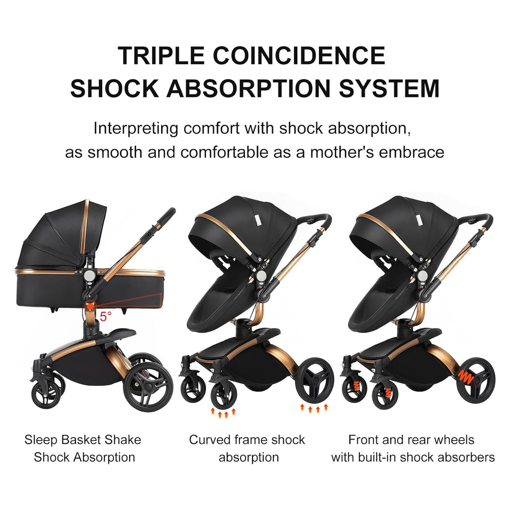 Convertible Baby Stroller with Bassinet, 360° Rotation, Triple Shock Absorption, Foldable, Safe & Comfortable, Aesthetic Pushchair for Newborn Infant Toddler Aged 0-36 Months (Black)