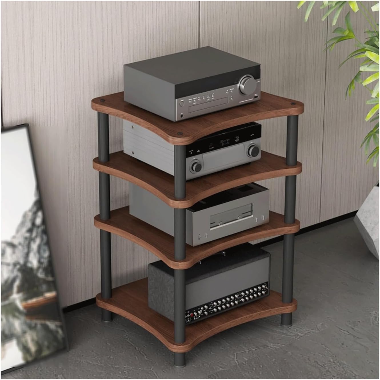 High Performance Walnut Audio Rack 4 Tier HiFi Amplifier Stand Modern AV Media Shelf Corner DVD Display Case Stylish Audio Video Furniture