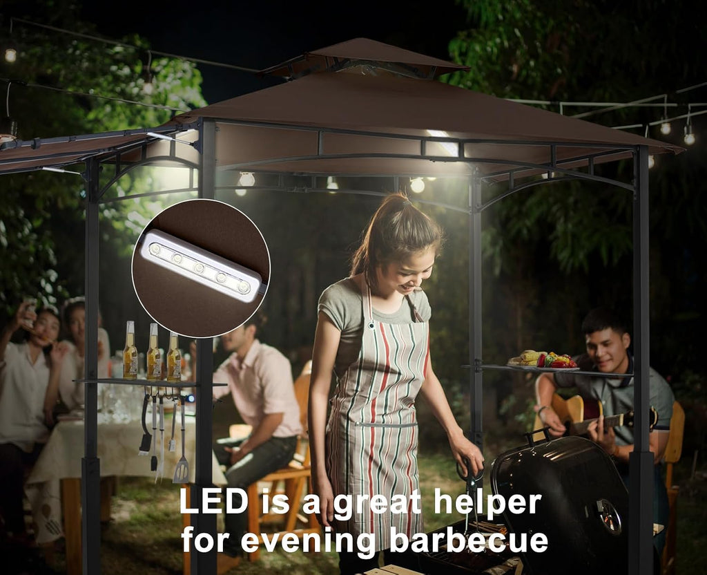 ABCCANOPY Grill Gazebo with Extra Awning - 11x5 Outdoor BBQ Canopy Shelter with 2 Led Lights for Patio Backyard Grilling (Coffee)