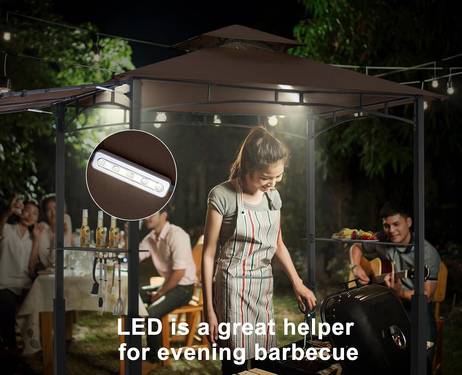 ABCCANOPY Grill Gazebo with Extra Awning - 11x5 Outdoor BBQ Canopy Shelter with 2 Led Lights for Patio Backyard Grilling (Coffee)