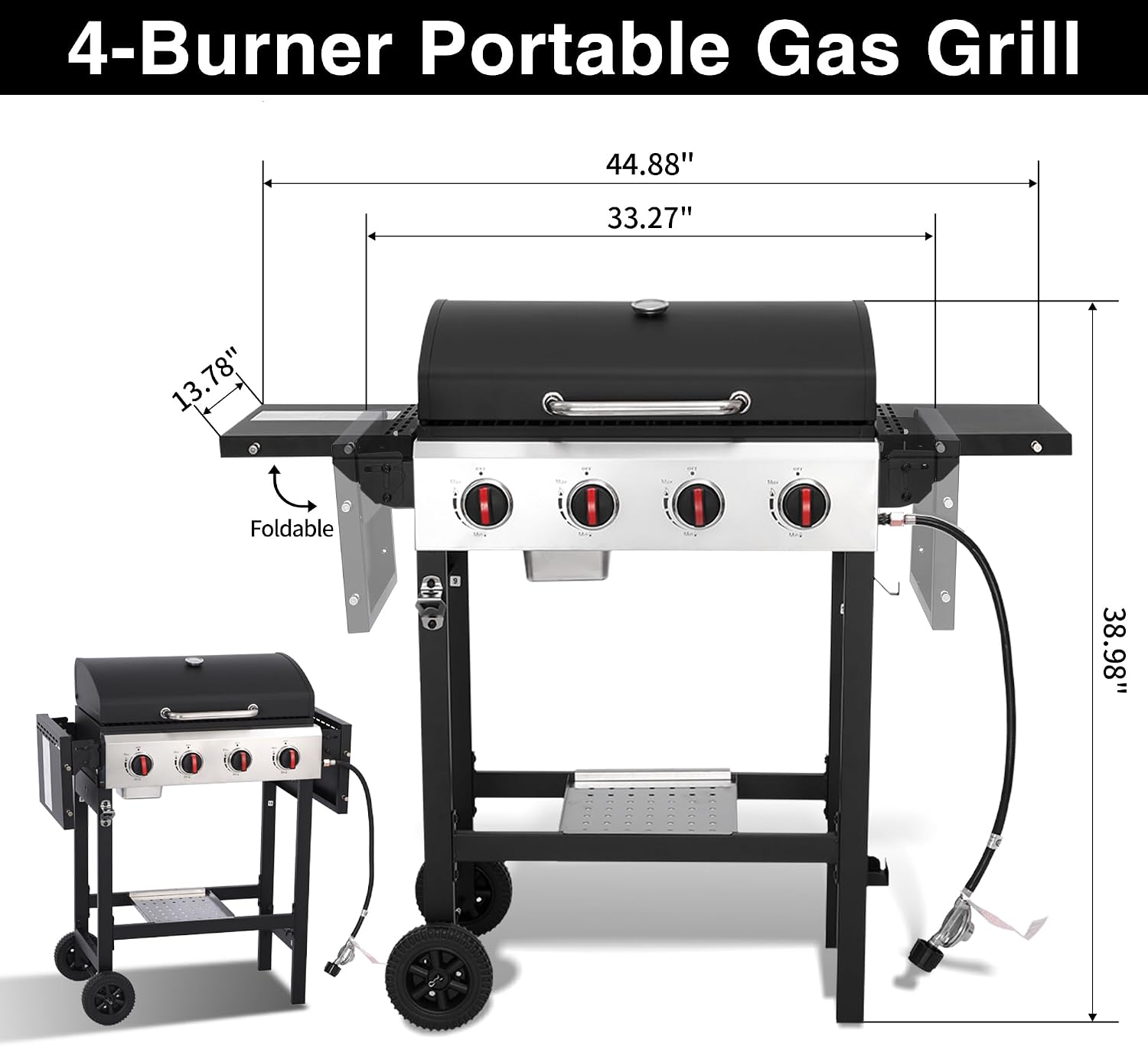 4 Burner Gas Grills Outdoor Cooking Propane Gas Grill BBQ Grill Portable Barbecue Grills with Cast Iron Grate, Pan and Folding Side Table 40000 BTU Output Easy-Clean