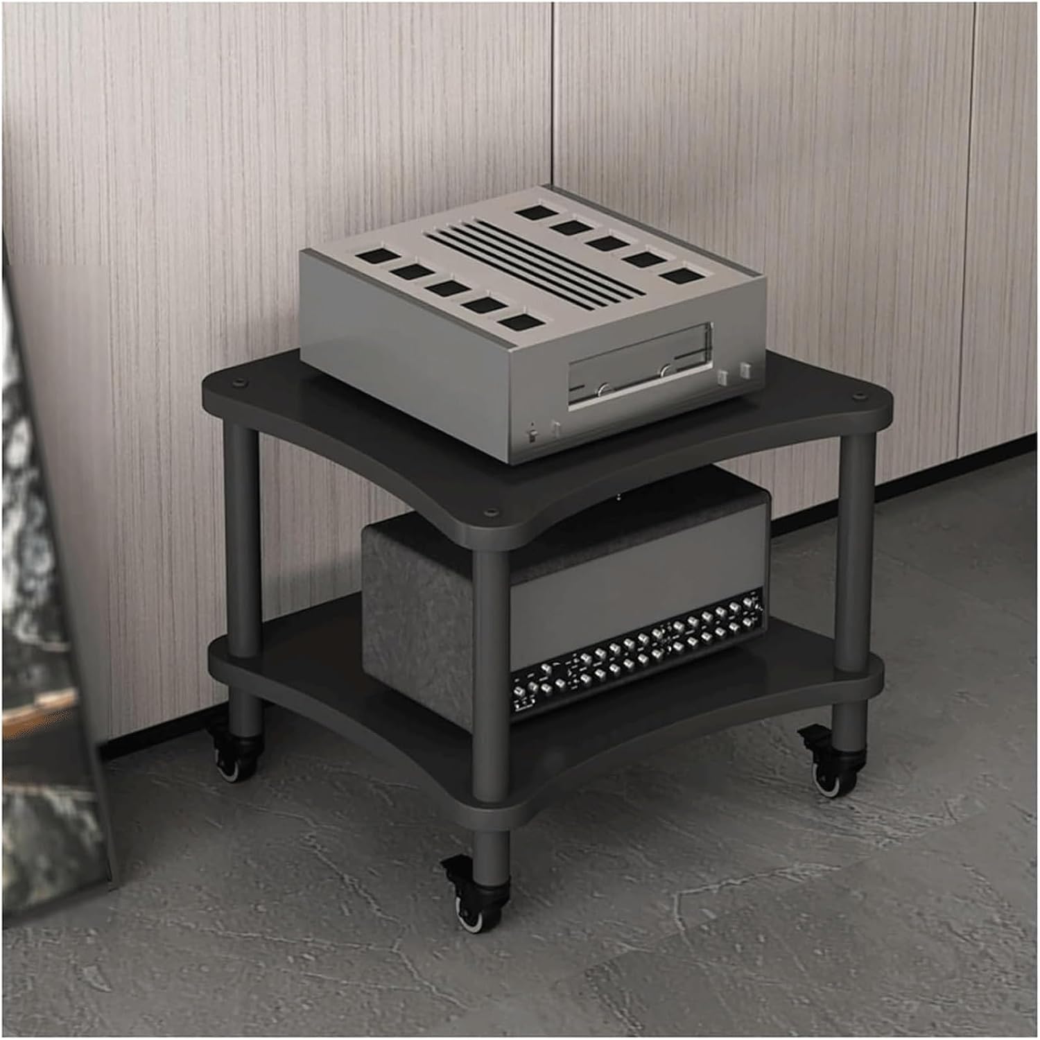 Audio Rack Stereo Rack Mobile Audio Equipment Rack Wooden Audio Rack Cabinet HiFi Rack with Wheels Audio Component Rack Durable(Nero,2 Tier)