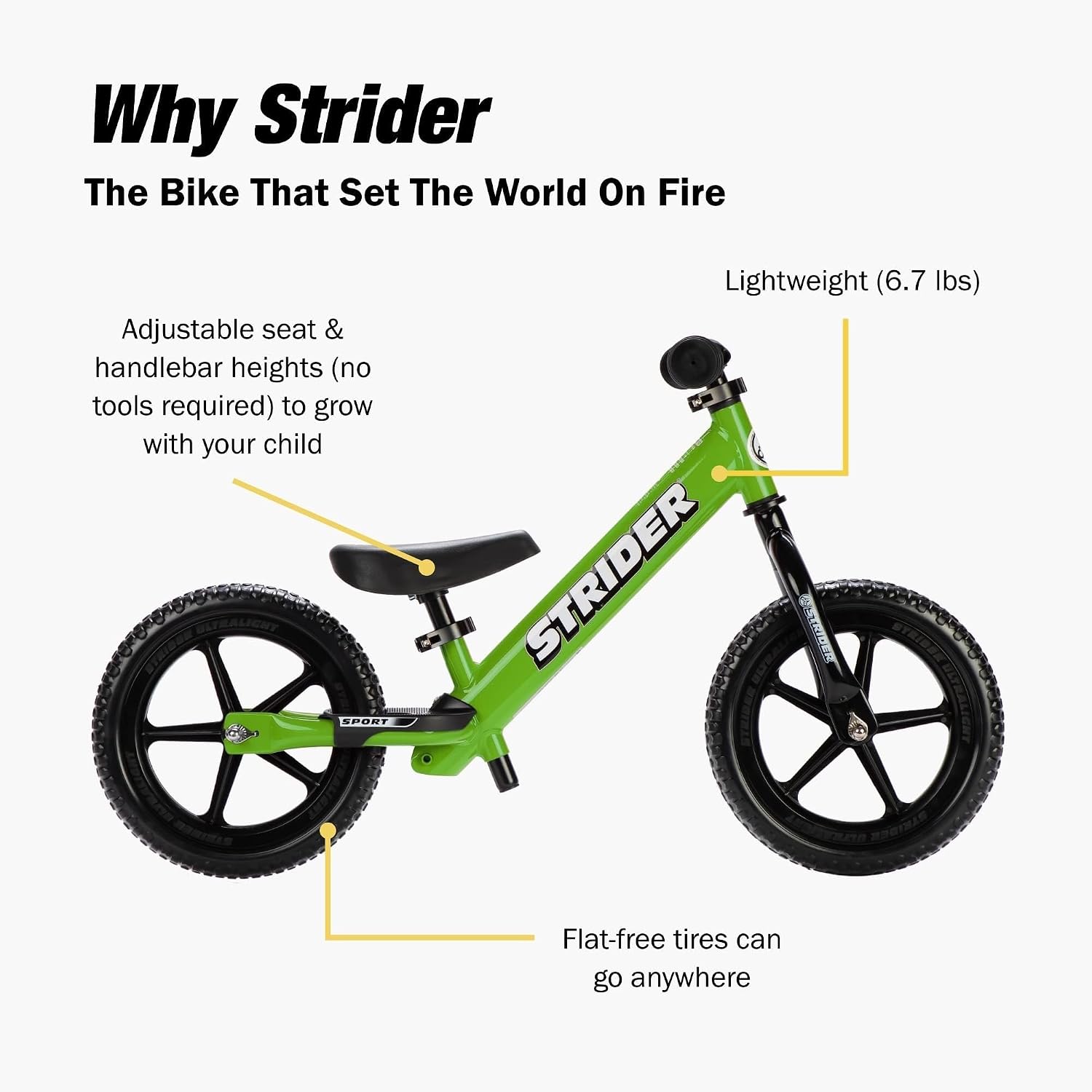 Strider 12' Sport Bike - No Pedal Balance Bicycle for Kids 1 to 4 Years - Includes Safety Pad, Padded Seat, Mini Grips & Flat-Free Tires - Tool-Free Assembly & Adjustments