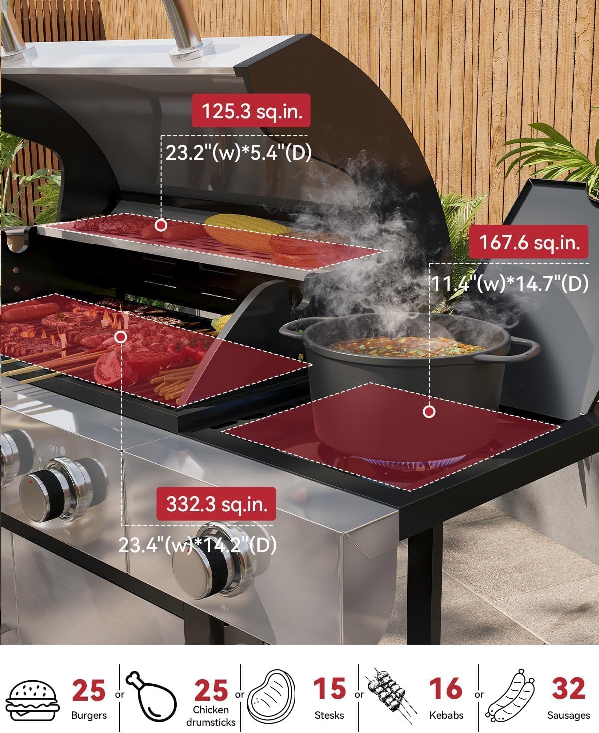 Aoxun 4-Burner Propane Grill with Side Burner, 49000 BTU Gas Grill, Stainless Grill with Cast Iron Grates & Side Tables for Backyard, Patio, Camping, Black and Silvery