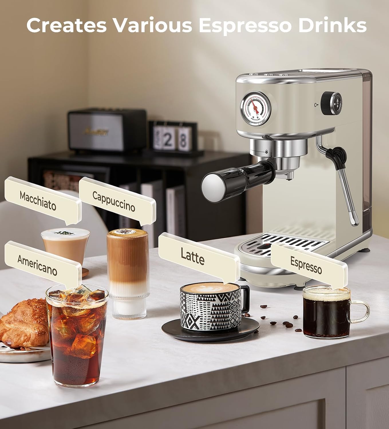 atatix 20 Bar Espresso Machine with Milk Frother, Compact Espresso Maker, Stainless Steel Coffee Machine with Precise Temp Control & 44oz Removable Water Tank for Latte, Cappuccino, Light Grey