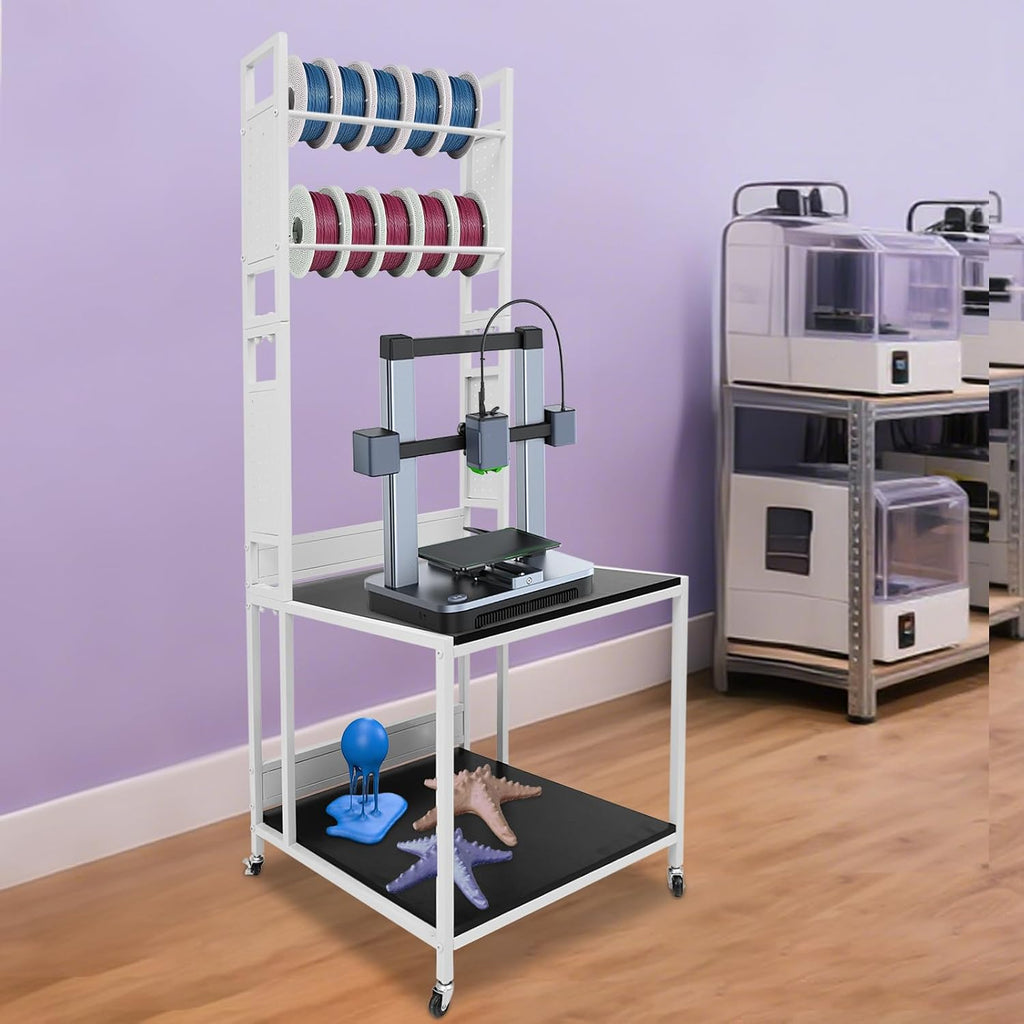 3D Printer Stand Rack with Filament Organizer, Upgraded 3D Printer Table Workbench with Wheels, Extended Storage Mobile 3D Printing Workstation for Studio Workshop