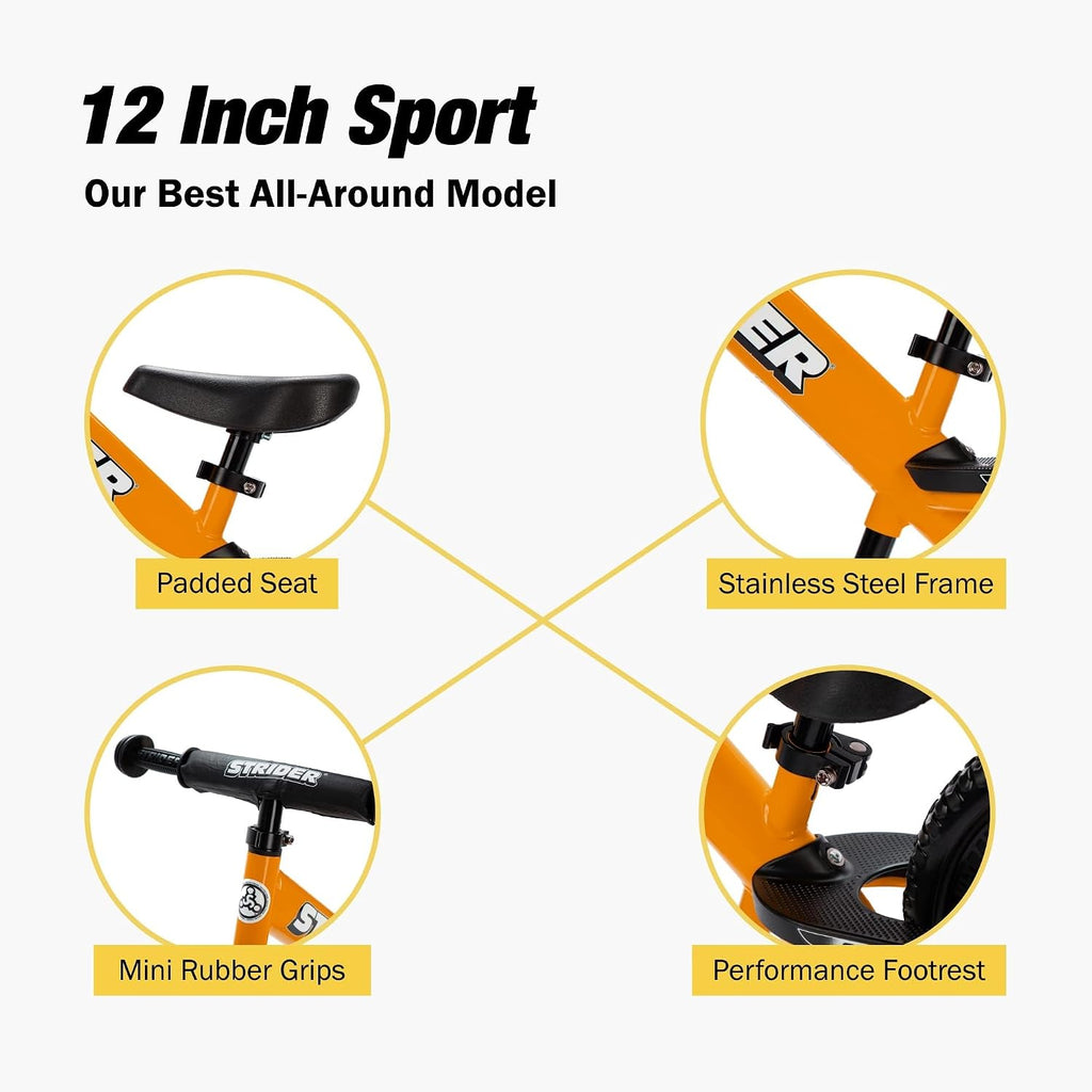 Strider 12' Sport Bike - No Pedal Balance Bicycle for Kids 1 to 4 Years - Includes Safety Pad, Padded Seat, Mini Grips & Flat-Free Tires - Tool-Free Assembly & Adjustments