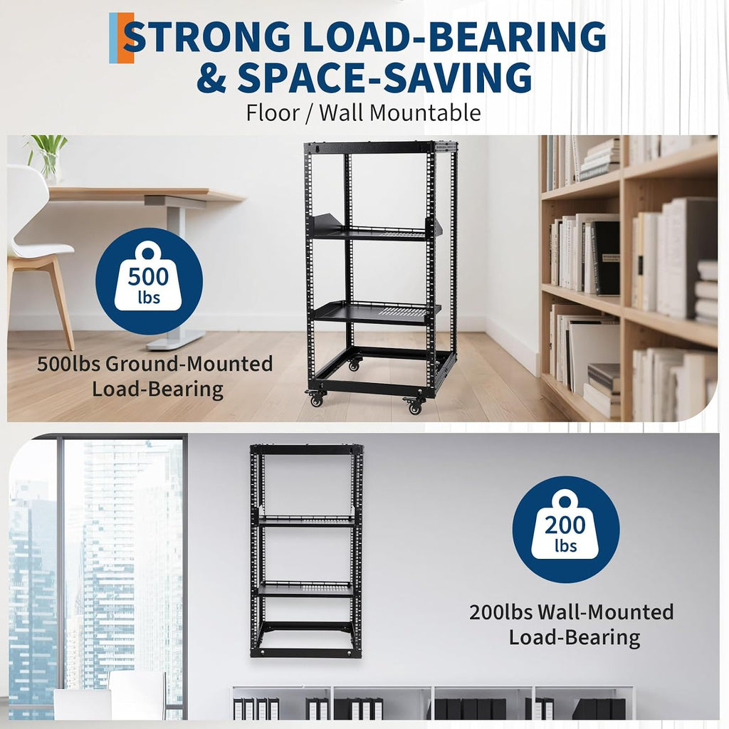 20U Server Rack Open Frame, Adjustable Depth 23'-40', Wall Mount & Free Standing IT Rack with Lockable Casters, 1U Shelf Included 500lbs Capacity for Network/AV Equipment