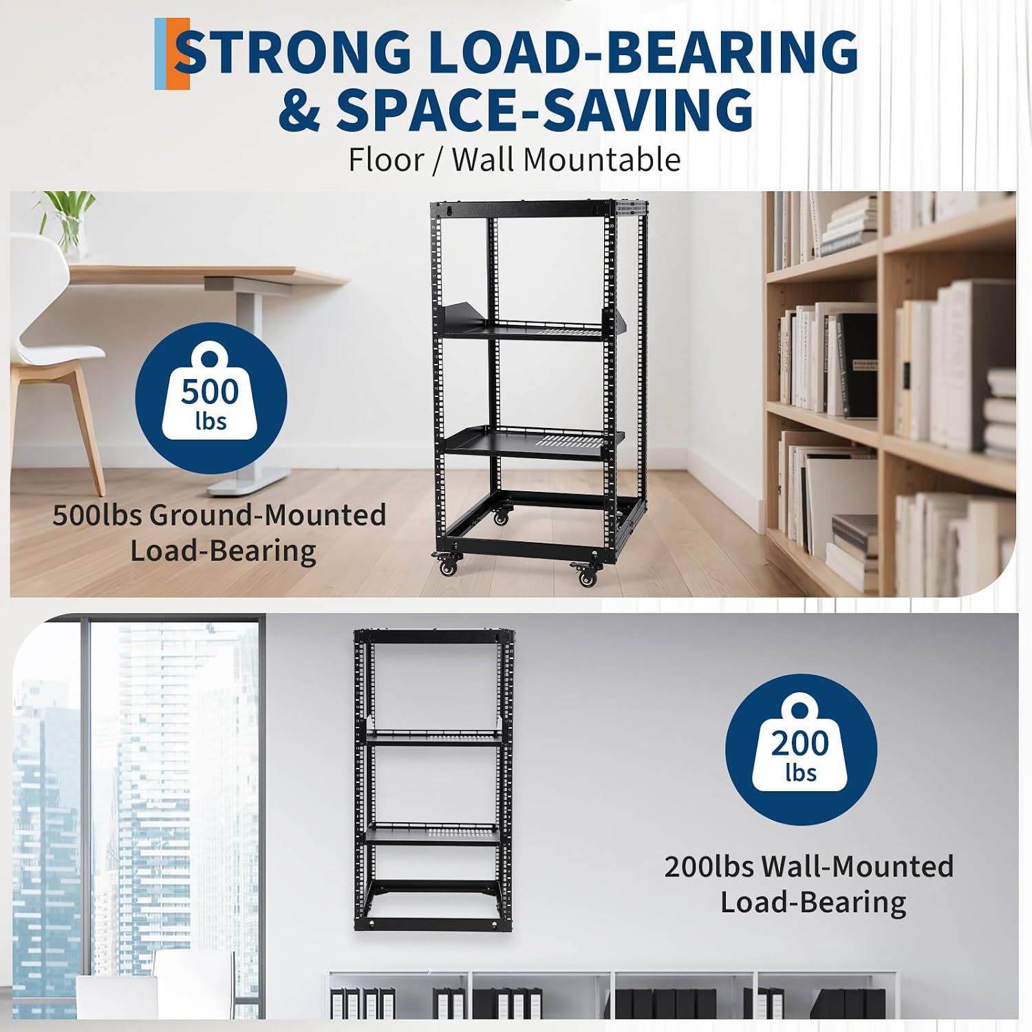 20U Server Rack Open Frame, Adjustable Depth 23'-40', Wall Mount & Free Standing IT Rack with Lockable Casters, 1U Shelf Included 500lbs Capacity for Network/AV Equipment