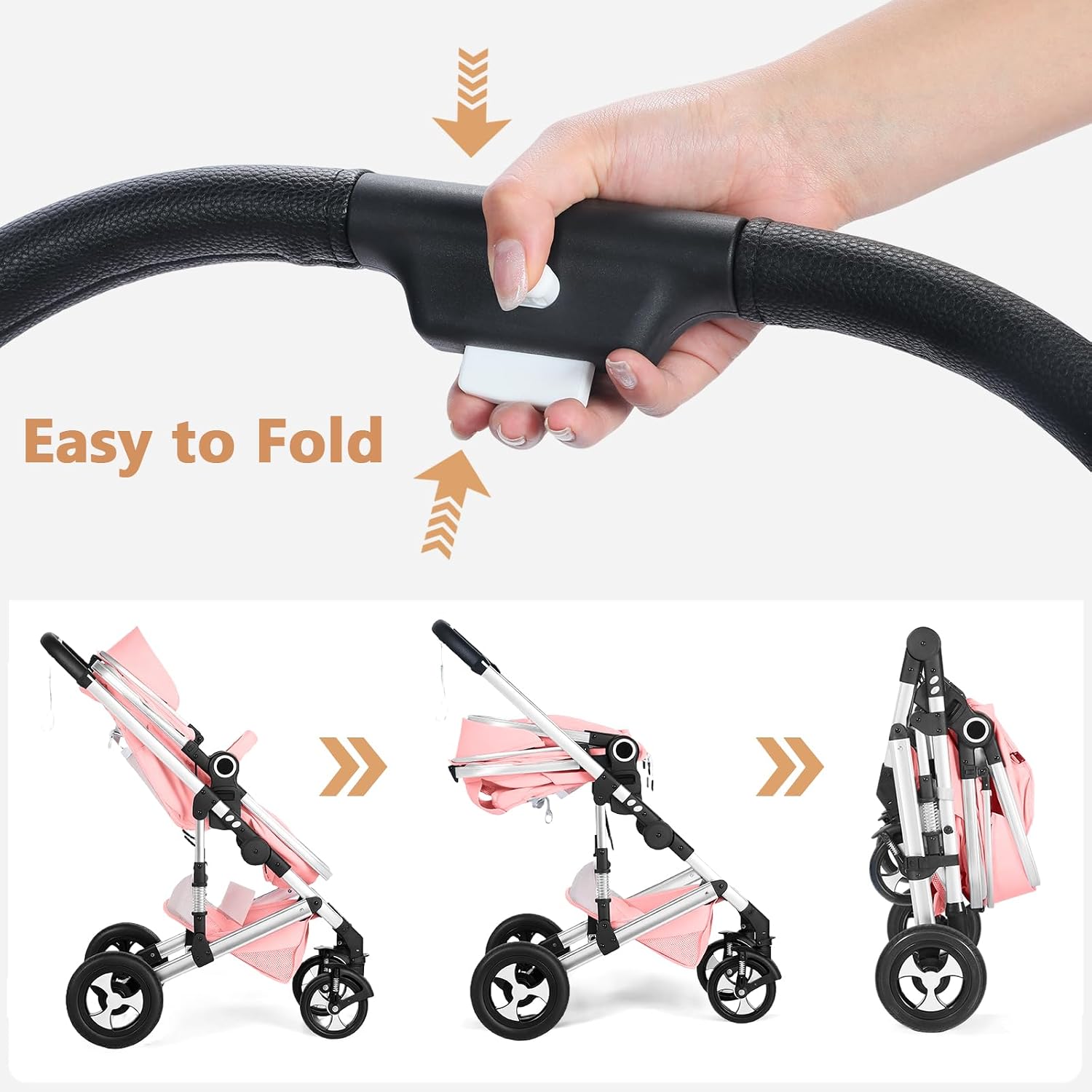 TODEFULL Convertible Baby Stroller, 3 in 1 Folding Infant Stroller, High Landscape Pushchair w/Adjustable Backrest & Canopy, Newborn Pram with Foot Cover, Storage Basket, Pink