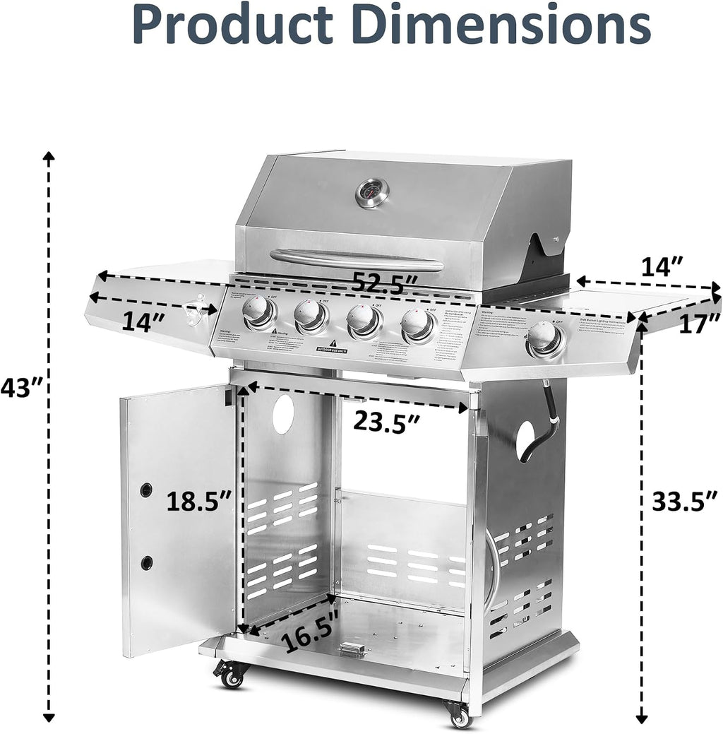 Polar Aurora Propane Gas Grill 4 Burners with Side Burner, Stainless Steel Grill Cart with Wheels for Outdoor Patio Garden Backyard Cooking bbq Grill