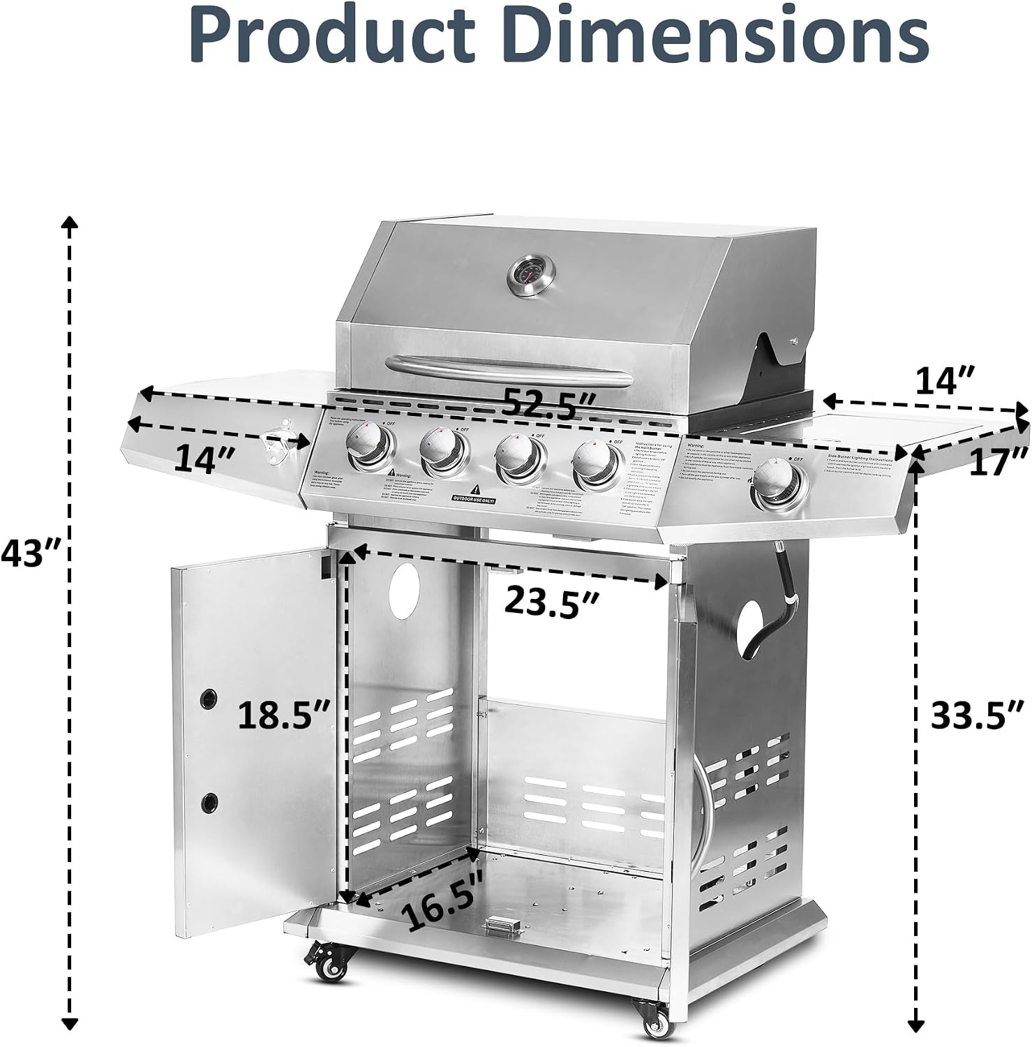 Polar Aurora Propane Gas Grill 4 Burners with Side Burner, Stainless Steel Grill Cart with Wheels for Outdoor Patio Garden Backyard Cooking bbq Grill