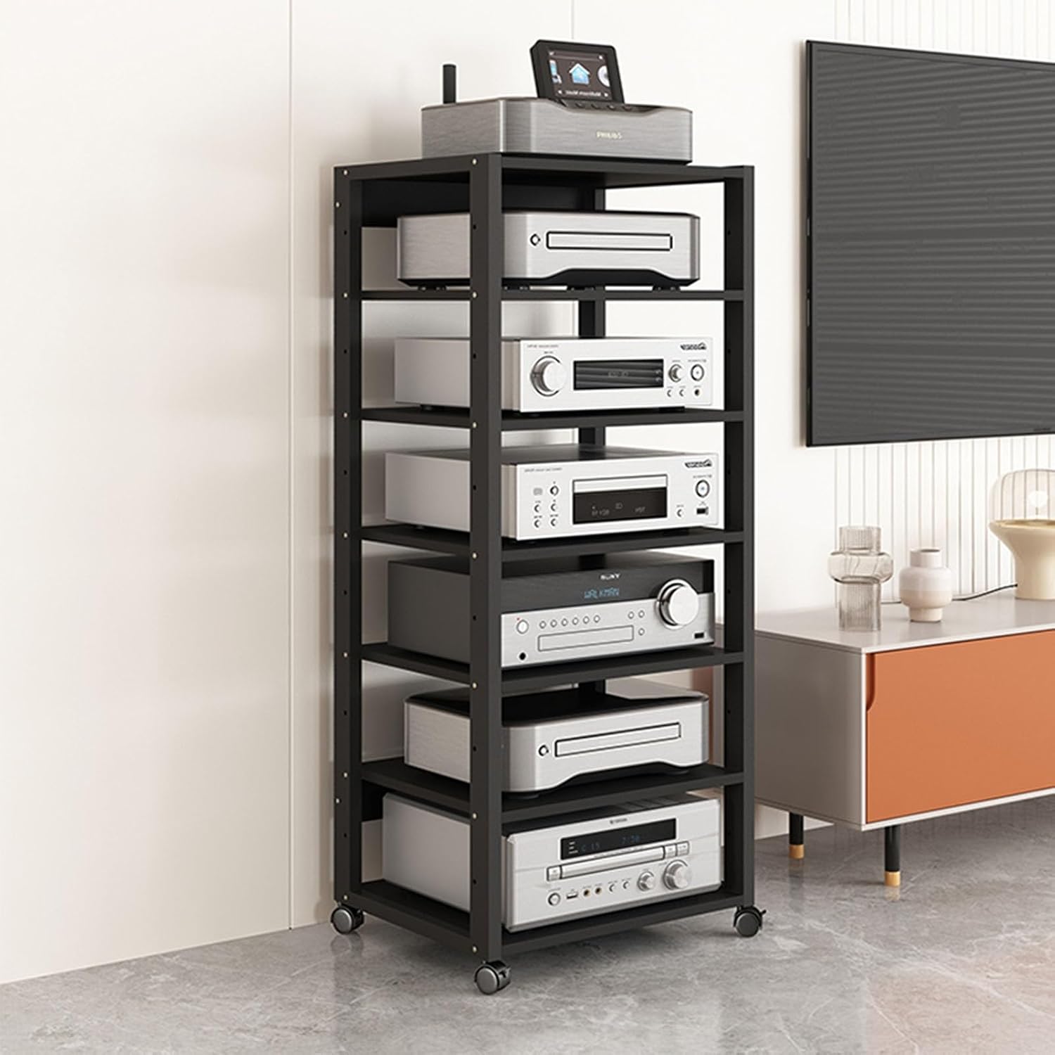 SOBS 5/6/7-Tier AV Media Stand Audio Rack CD Player Stand Stereo Component Storage Cabinet with Height Adjustable Wooden Shelf for Home/Office/Theater, 50x40x131cm (Color : 7 Tier)