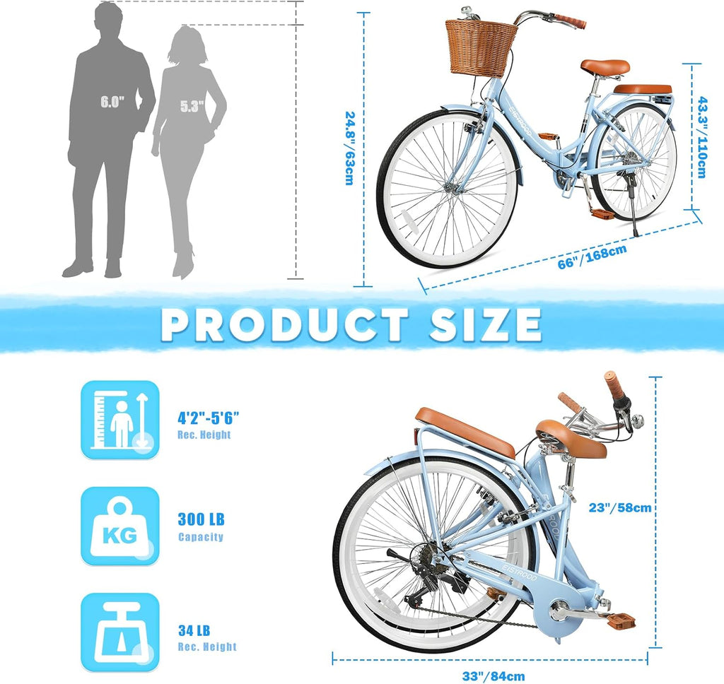 26 Inch Folding Beach Cruiser Bike for Women, 7-Speed Ladies Bike with Basket & Rack, Perfect for City Commuting's Bicycle, Ideal for Women and Adults