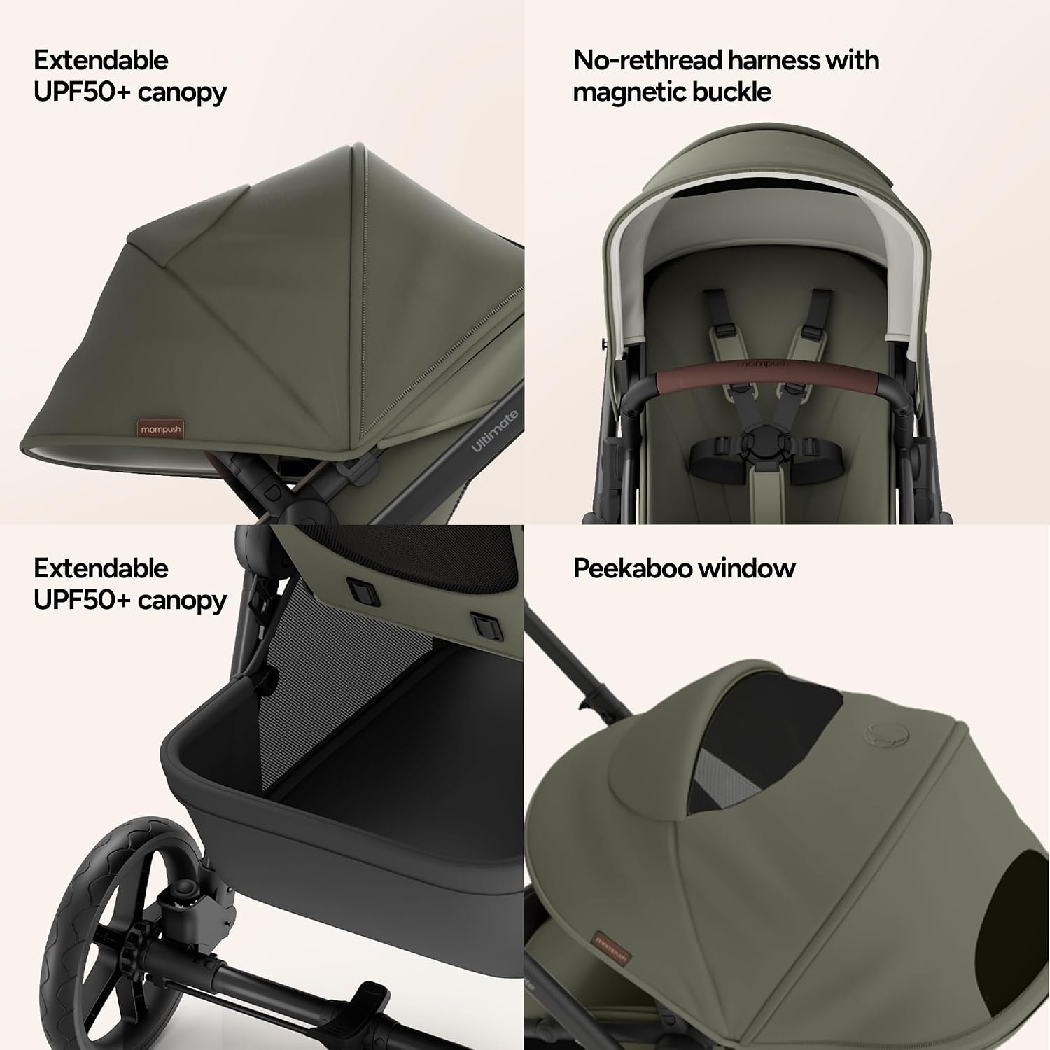 Mompush Ultimate 3 Baby Stroller, Premium Convertible Full-Size Stroller for Toddler to 50 lbs – 11.8' All-Terrain Wheels; Four-Wheel Suspension; Reversible Extendable Seat; One-Second Fold
