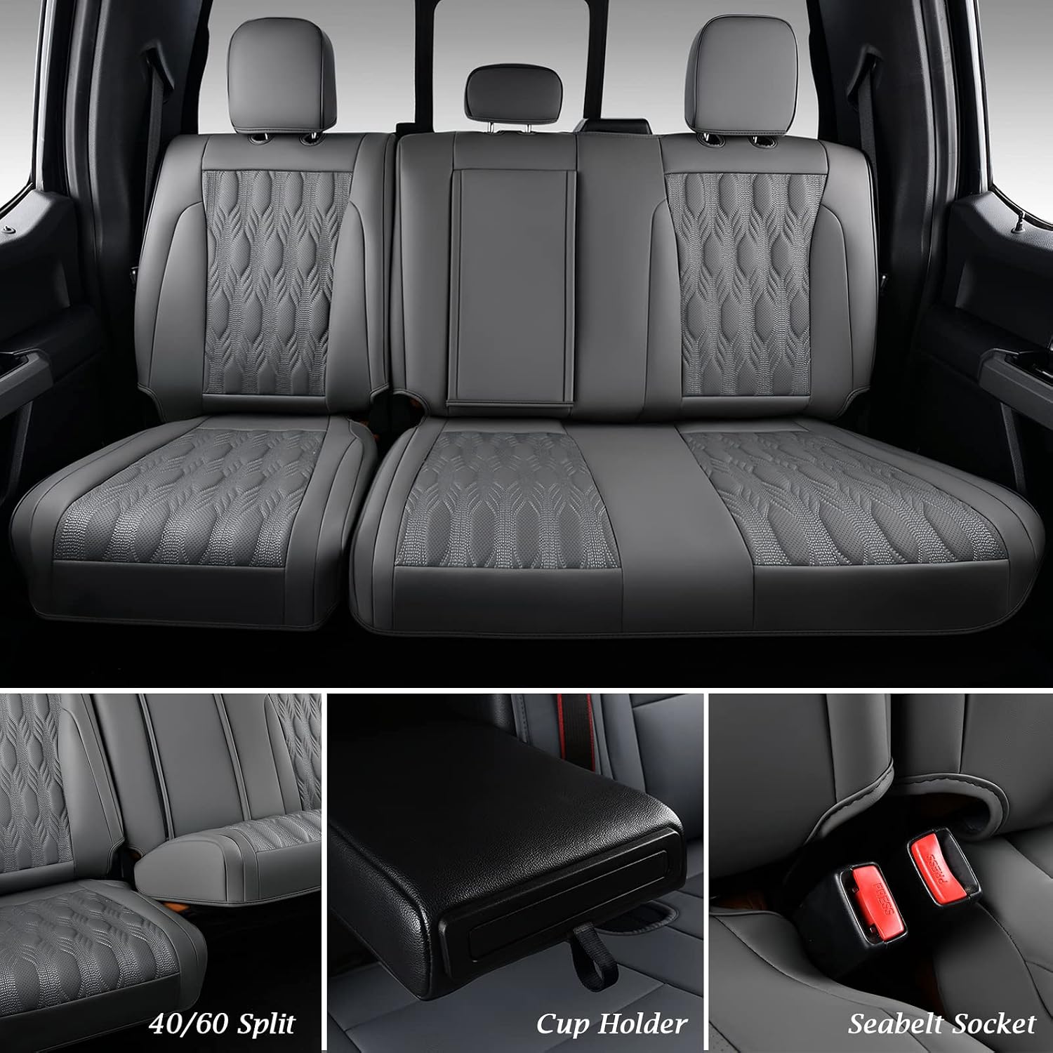 Coverado Car Seat Covers Full Set, Leather Ford F150 Seat Covers Fit for 2015-2026 F150 and 2017-2026 F250 F350 F450 Super Duty Crew Cab XL XLT Lariat King Ranch Platinum (Gray)