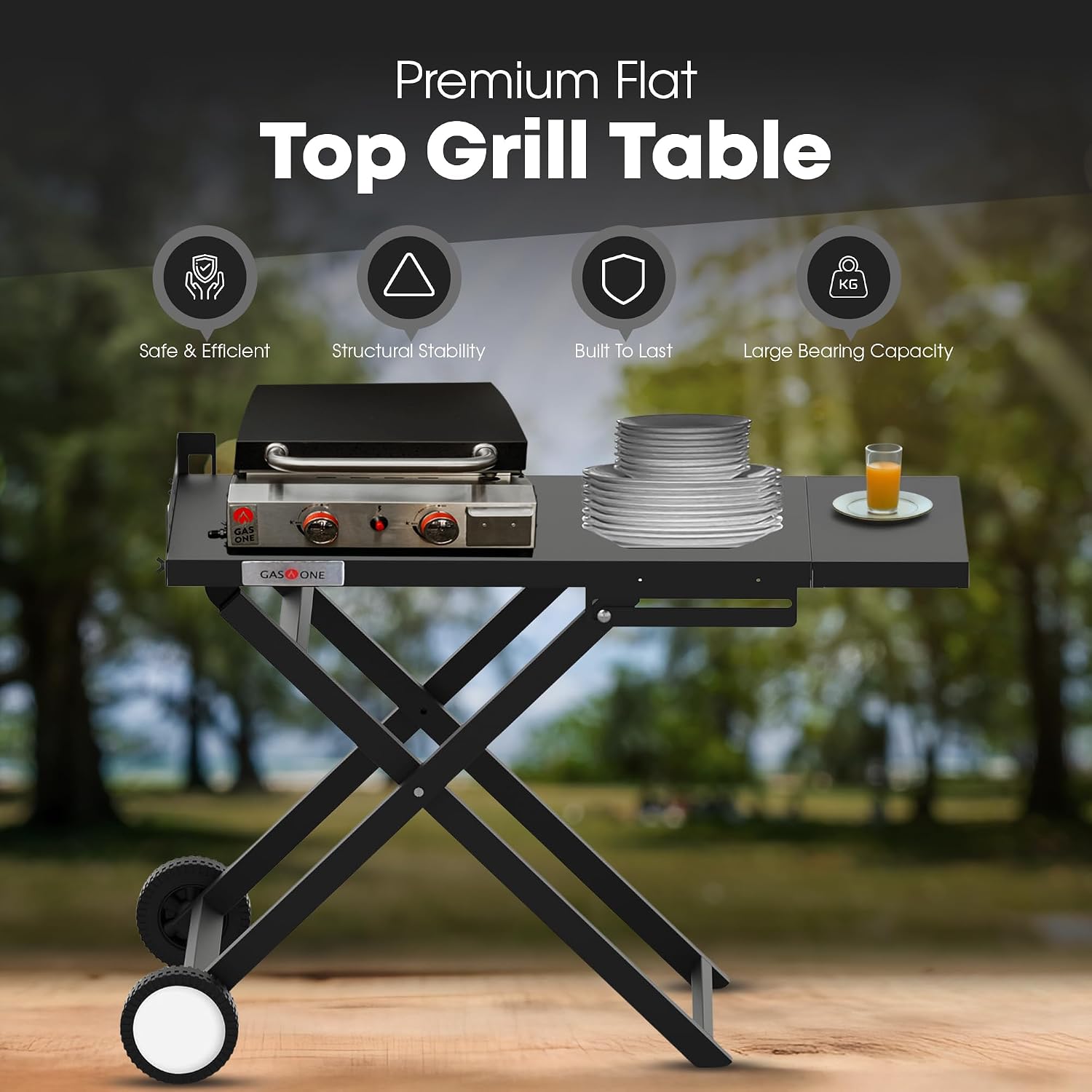GasOne T-100F Foldable Cart for Grill –BBQ Grill Collapsible Cart with Wheels – Practical and Durable Portable Gas Grill Outdoor Table – Easy Assembly
