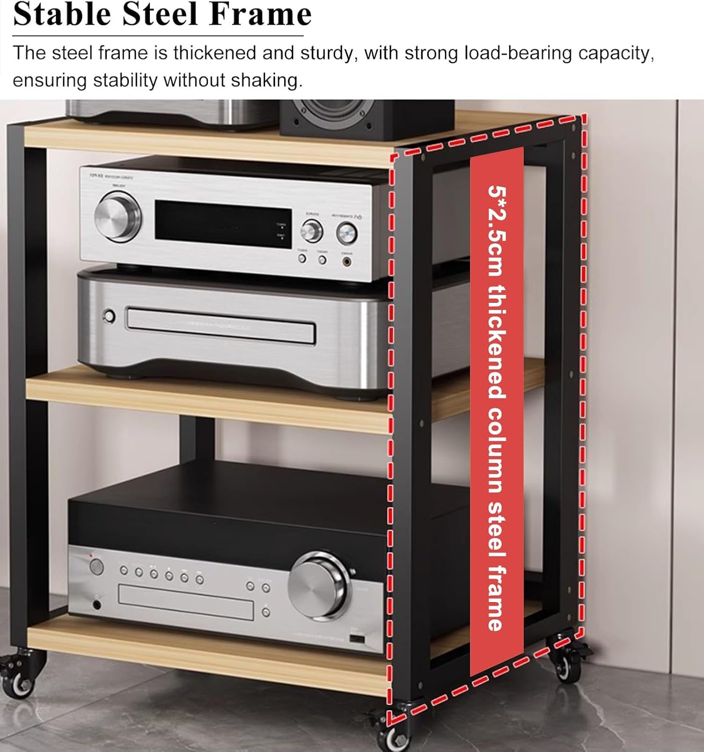 2/3/4/5-Tier Audio Component Rack with Wheels, Heavy Duty AV Media Stand HiFi Amplifier Rack, Home Storage for Record Player, Audio/Video Equipment(Black+Brown,L55xW50xH49cm)