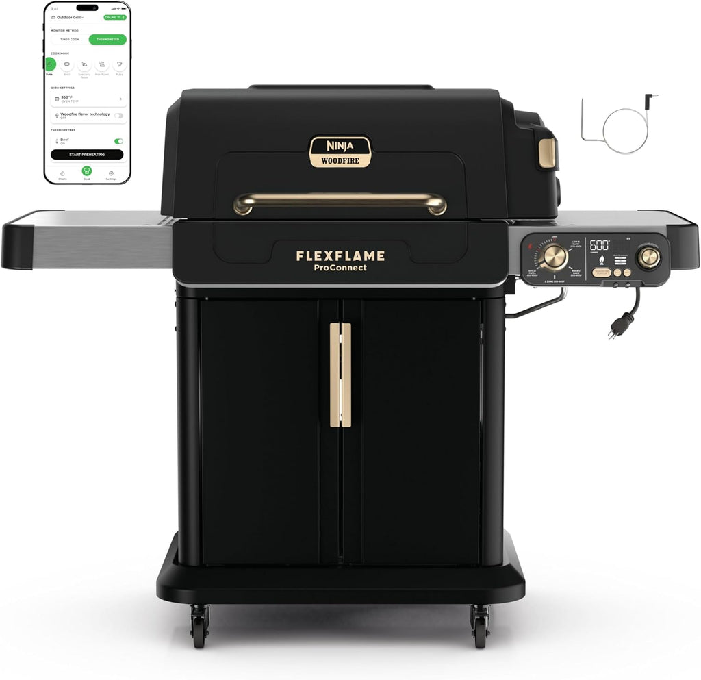 Ninja FlexFlame ProConnect Grill & Smoker | 5-in-1 Smart Cooking System | Electric & Propane | App-Connected | 3-Burner Digital Control | Roast, Griddle & Pizza Maker | Black/Gold | PG305