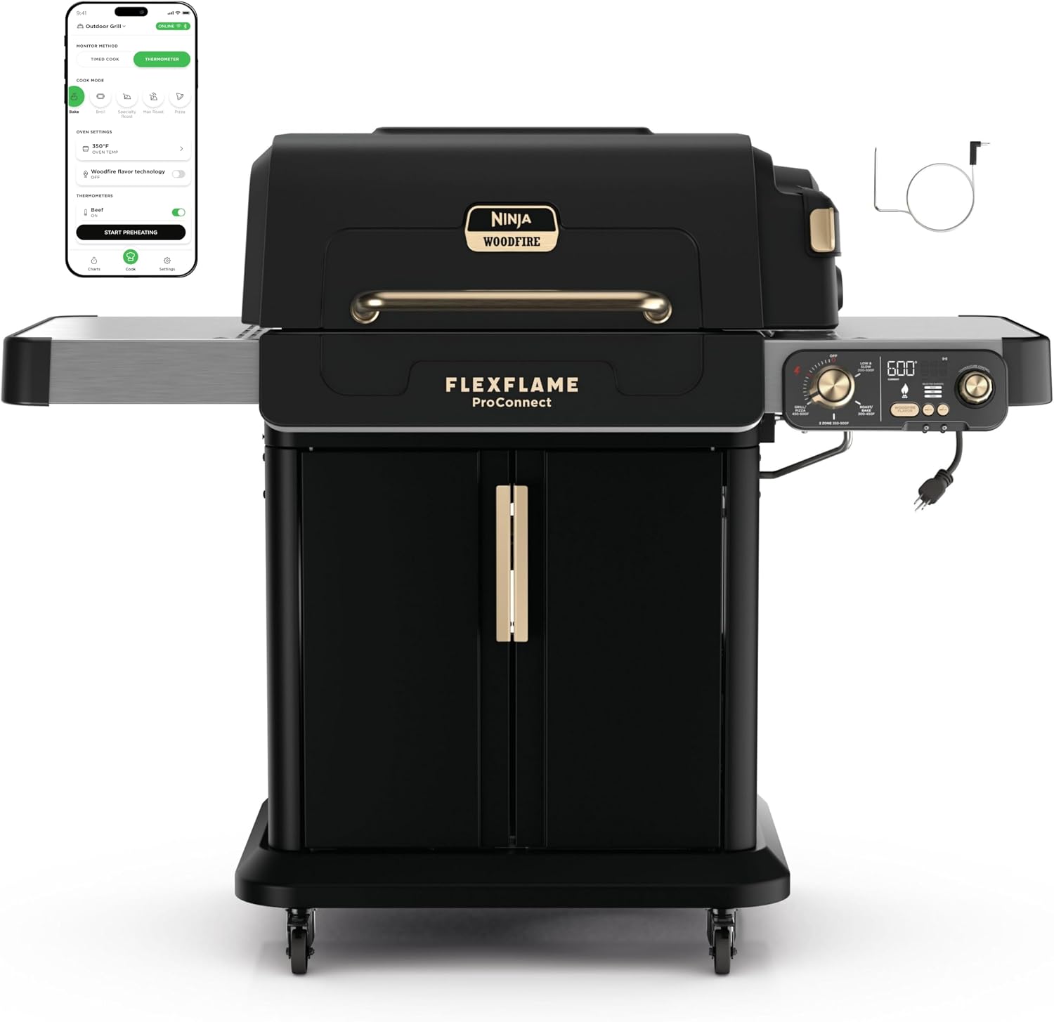 Ninja FlexFlame ProConnect Grill & Smoker | 5-in-1 Smart Cooking System | Electric & Propane | App-Connected | 3-Burner Digital Control | Roast, Griddle & Pizza Maker | Black/Gold | PG305