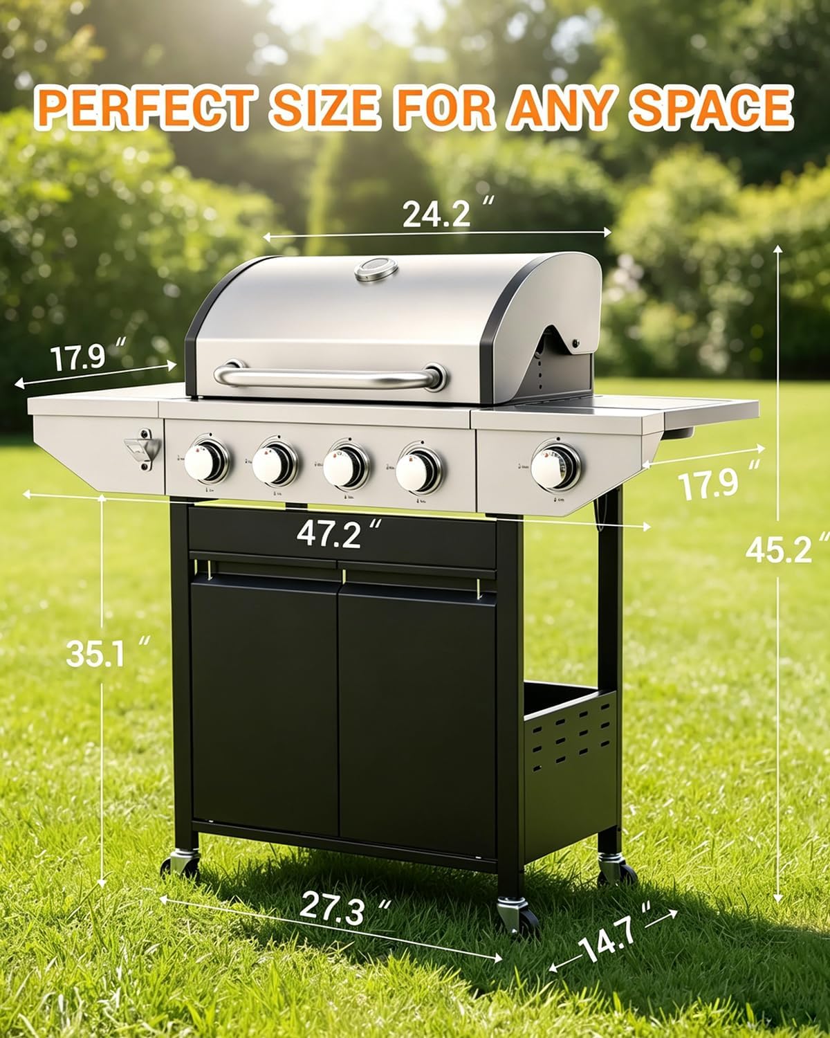 EUHOME 51,000 BTU 4-Burner Propane Gas Grill with Side Burner – Large 452 sq.in Stainless Steel BBQ Grill, Enameled Cast Iron Grates, 4 Swivel Casters & Protective Cover for Backyard Patio Family