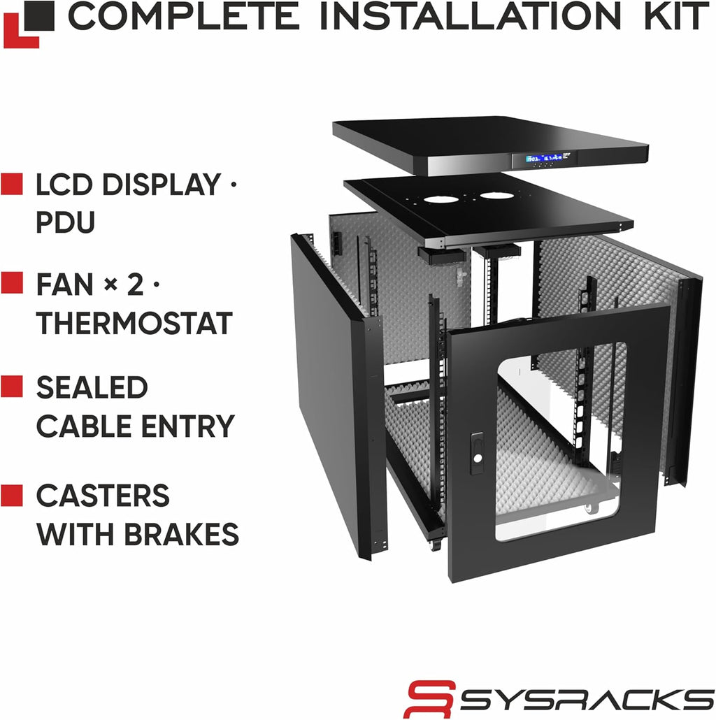 Soundproof Server Rack Cabinet – Quiet Acoustic 19' Network Enclosure with Dual Fans, Thermostat Control, Locking Glass Door, Floor Standing Rack (12U)