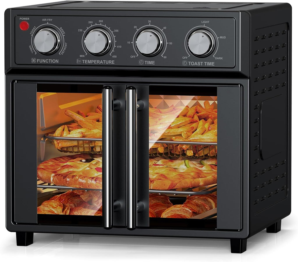 26QT Air Fryer Toaster Oven Combo - French Doors & 7 Preset Menus, 1700W Stainless Steel Convection Countertop Oven for Bake, Roast, Grill, Toast, Dehydrate, Defrost, Easy to Clean (Black)