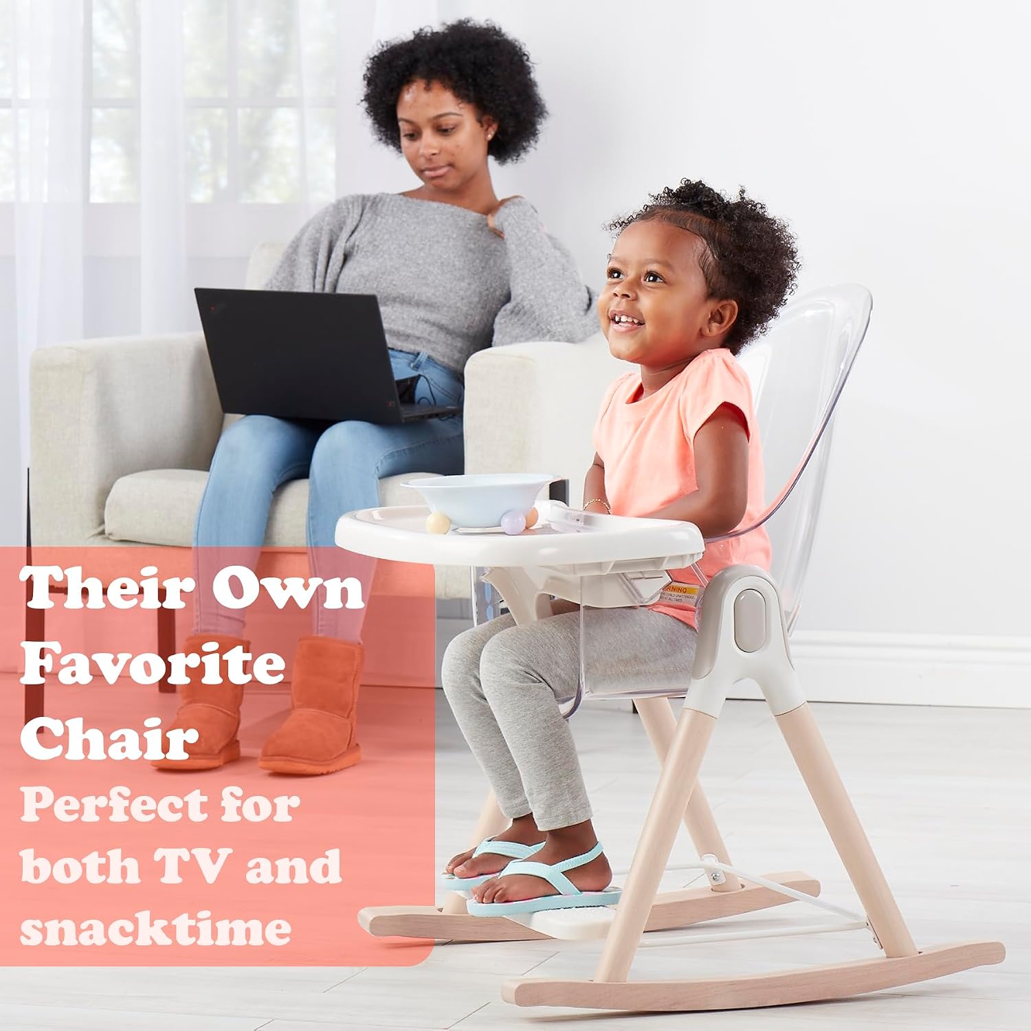 Primo Vista 3-in-1 Convertible High, Toddler, & Rocking Chair, Clear, Transparent Seat, Grows with Child, Modern Style, Adjustable Wooden Legs, Easy to Use, Assemble, Safe & Sturdy, 21.5 x 25 x 40.5'