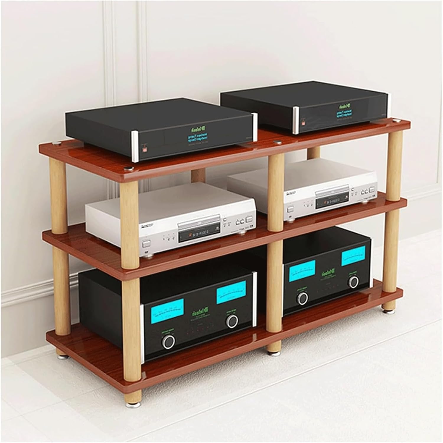 Audio Rack Stereo Rack 2/3/4 Tier Audio Equipment Rack Wooden Audio Rack Cabinet HiFi Rack Double Wide Audio Component Rack Durable(Brown,3 Tier)