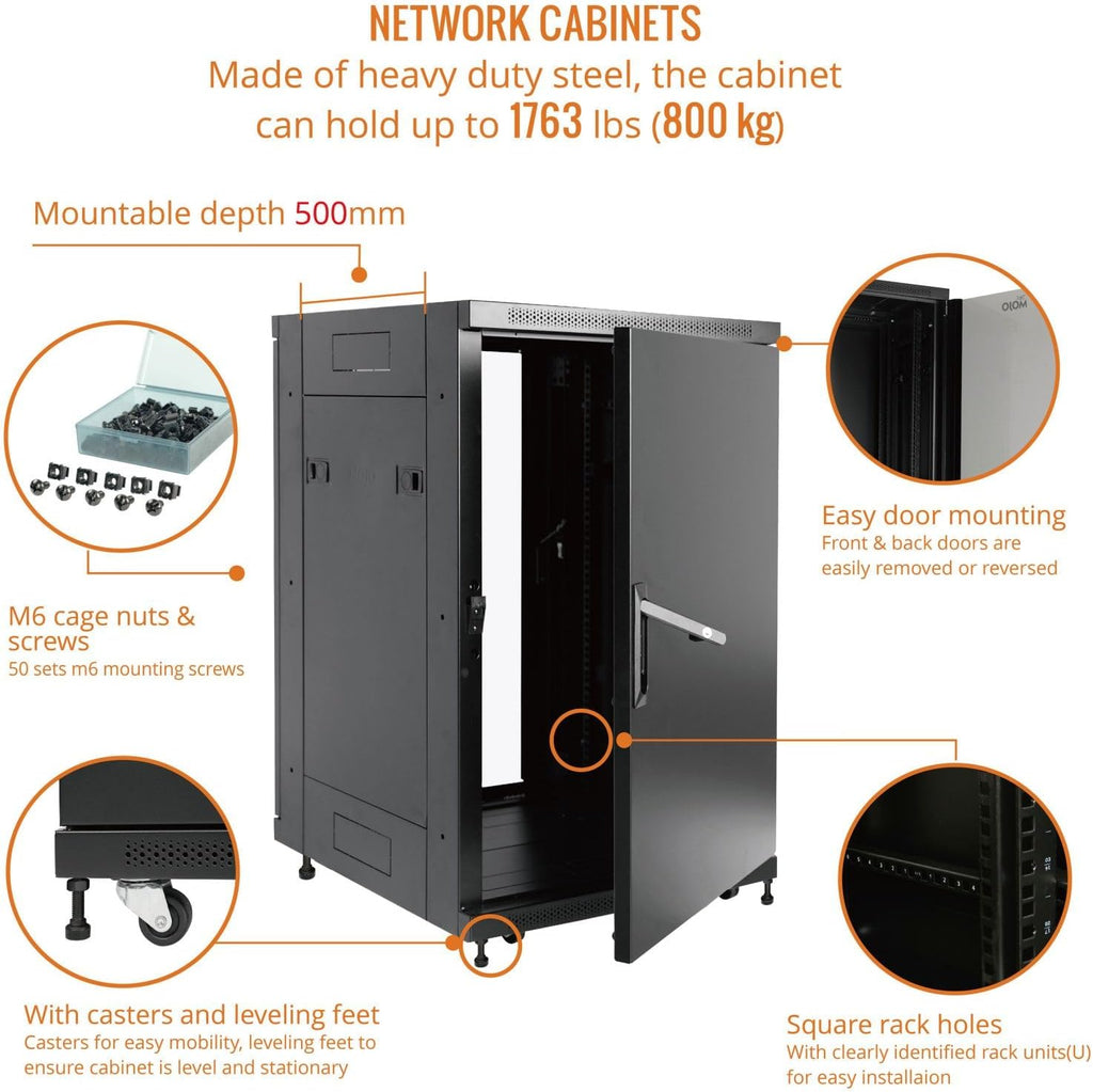 Tecmojo Fully Assembled 18U Network Cabinet AV Rack Black Equipment Rack Enclosure with Casters/Locking Doors with Dual Fan, PDU and Cantilever Shelf Installed (23.6inch DEEP Glass Door)