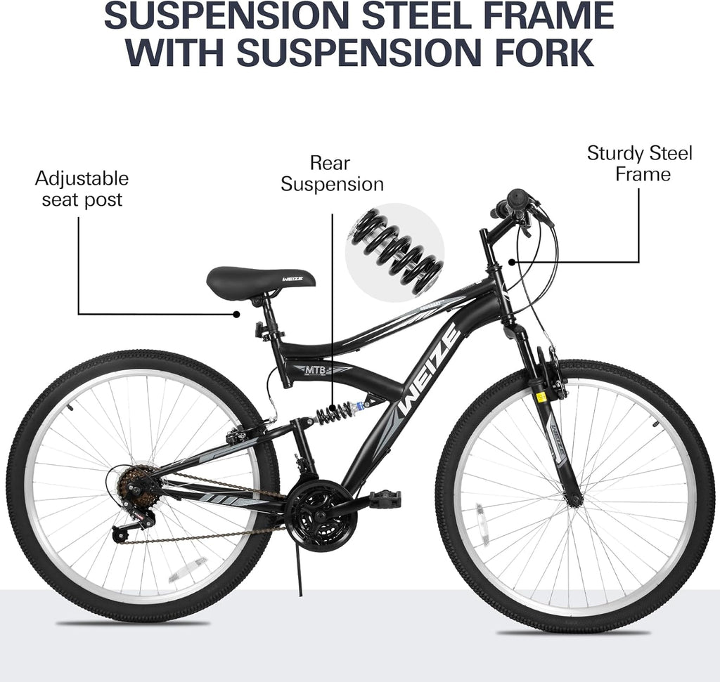 WEIZE Mountain Bike 26 27.5 inch Outdoor Cycling Bike 18-Speed/High-Carbon Steel/Dual Full Suspension, Adjustable Ergonomic Seat for Men Women Adult, MTB Bicycle with Suspension Fork