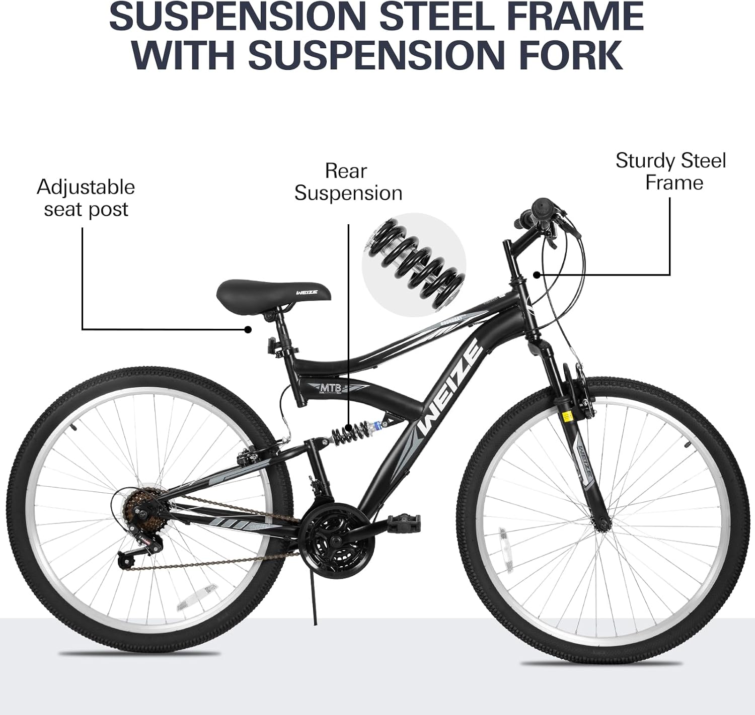WEIZE Mountain Bike 26 27.5 inch Outdoor Cycling Bike 18-Speed/High-Carbon Steel/Dual Full Suspension, Adjustable Ergonomic Seat for Men Women Adult, MTB Bicycle with Suspension Fork