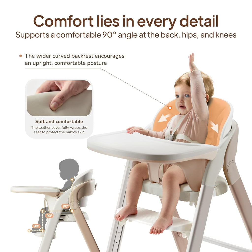 Tinyiota High Chair for Babies and Toddlers, Foldable & 8-Level Adjustable, Removable Tray, Ergonomic Baby Highchair Convertible Chair for Toddler to Adult (Coffee Color)