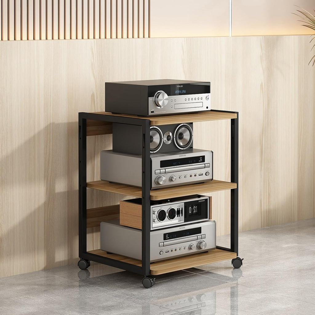 Modern 3-Tier Stereo Stand Cabinet, AV Media Console with Wooden Shelves, Corner Entertainment Center for Game Consoles & Audio/Video Components (50x40x69.5cm)