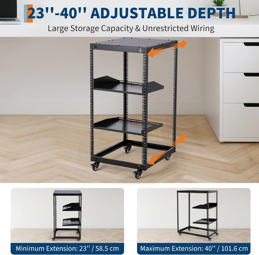 20U Server Rack Open Frame, Adjustable Depth 23'-40', Wall Mount & Free Standing IT Rack with Lockable Casters, 1U Shelf Included 500lbs Capacity for Network/AV Equipment